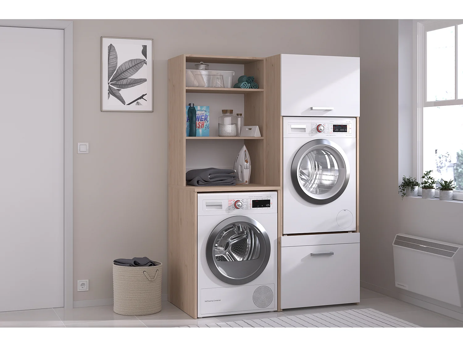 Mebel pod 2 pralki z półkami i szafkami – Jasny naturalny i biały – S128 x W184 – ERKANO 4870750