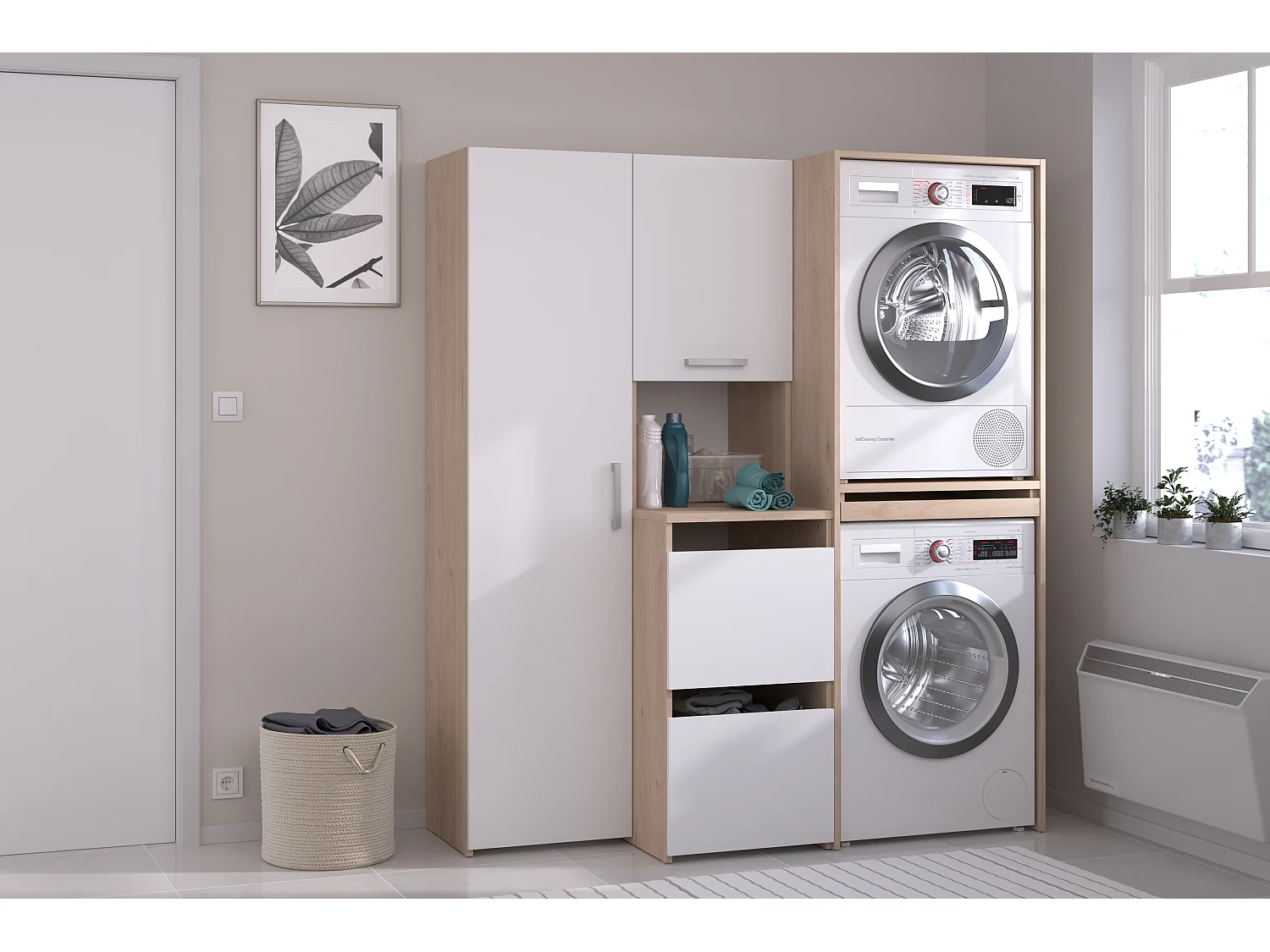 Mebel pod pralkę i suszarkę z szafkami i kolumną do przechowywania – Jasny naturalny i biały – S156 x W184 – ERKANO 4870747 - obrazek 1