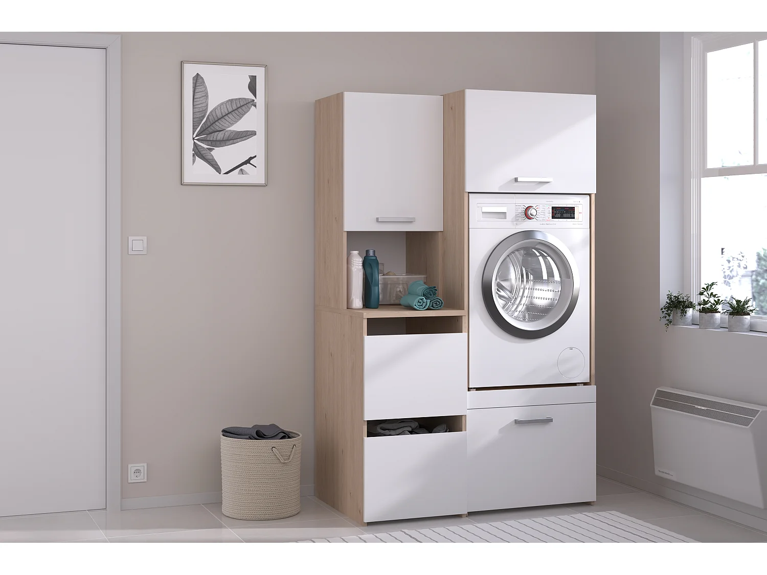 Mebel pod pralkę z szafkami – Jasny naturalny i biały – S111 x W184 – ERKANO 4870752
