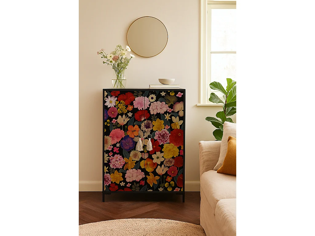Aparador z MDF z 2 drzwiami, dekoracyjny motyw Nero, wielokolorowe kwiaty 4875737