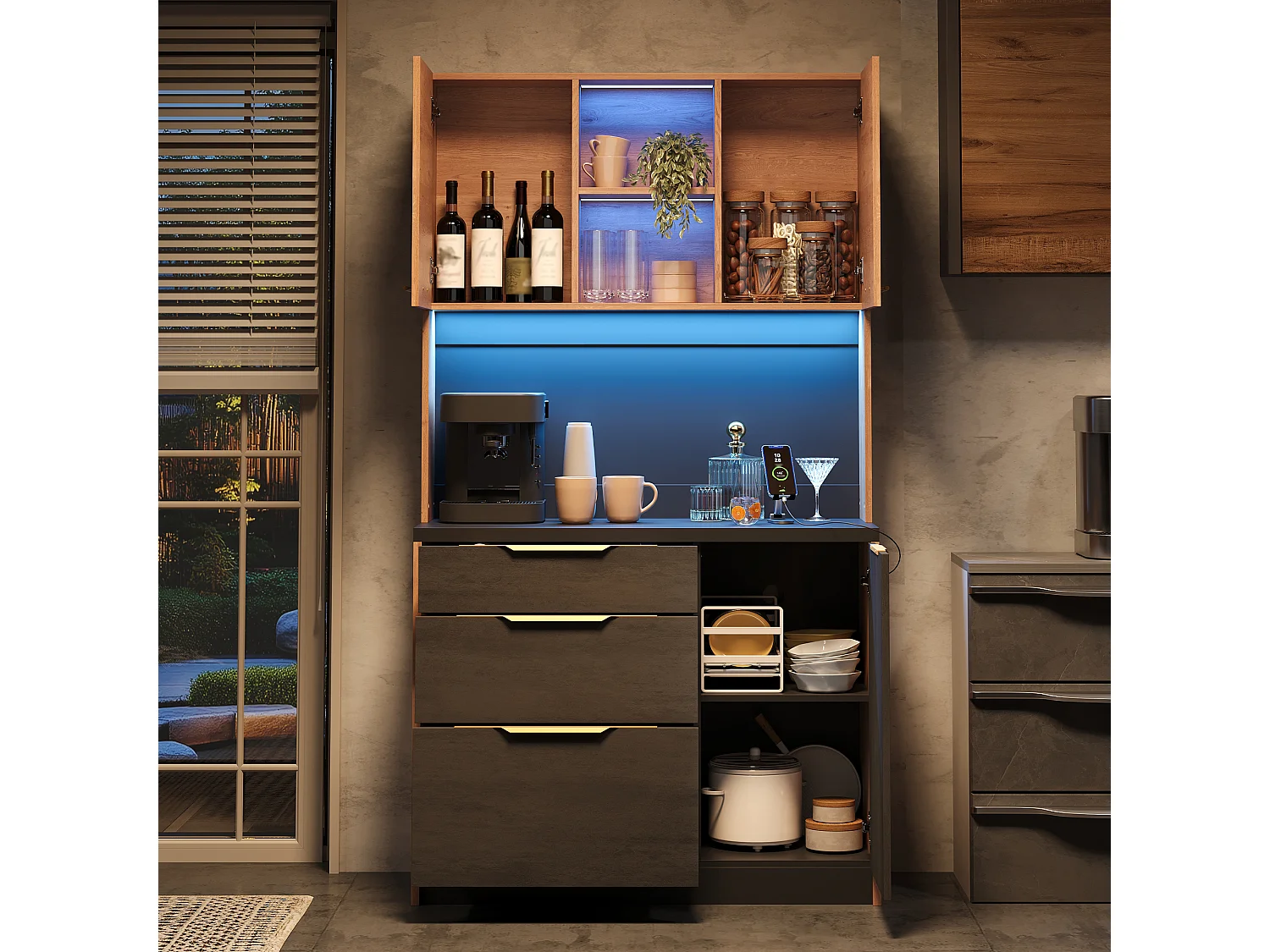 Elegancka, wysoka komoda kuchenna - 100 x 40 x 180 cm - z diodami LED + gniazdko elektryczne + drzwi + szuflady + półki - MDF - czarny + naturalny 4876039 - obrazek 1