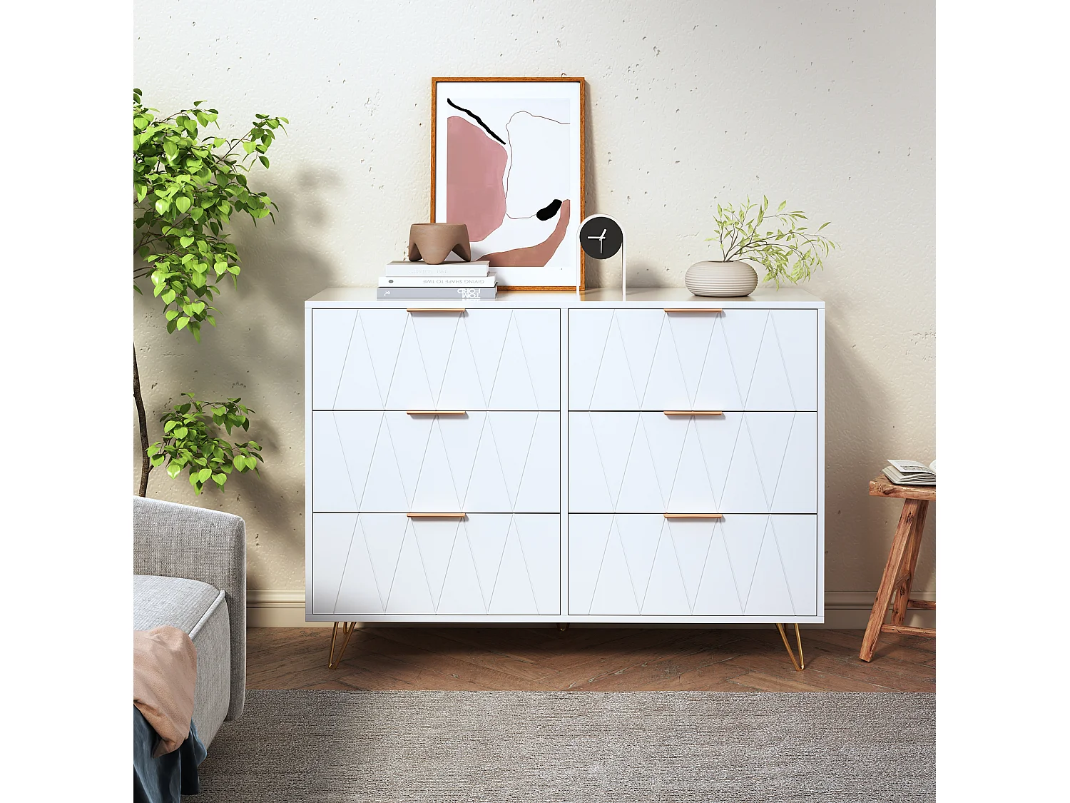 Biała szafa do przechowywania z 6 szufladami i złotymi nogami, nowoczesny design, duża pojemność, zabezpieczenie przed przewróceniem 4876234 - obrazek 1
