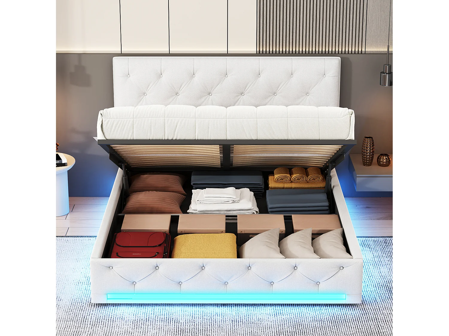 Beżowe tapicerowane łóżko podwójne 160x200 cm z hydraulicznym schowkiem, regulowanymi LED RGB i regulowanym zagłówkiem 4876254 - obrazek 1