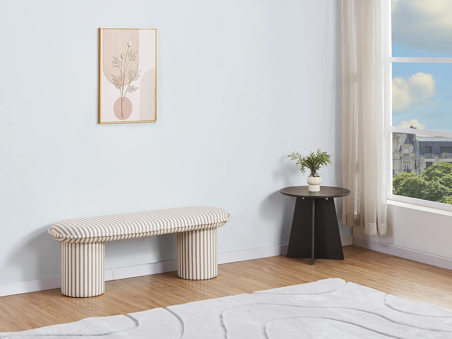 Ławka tapicerowana – Biało-taupowa prążkowana – ELAMIU 4379223