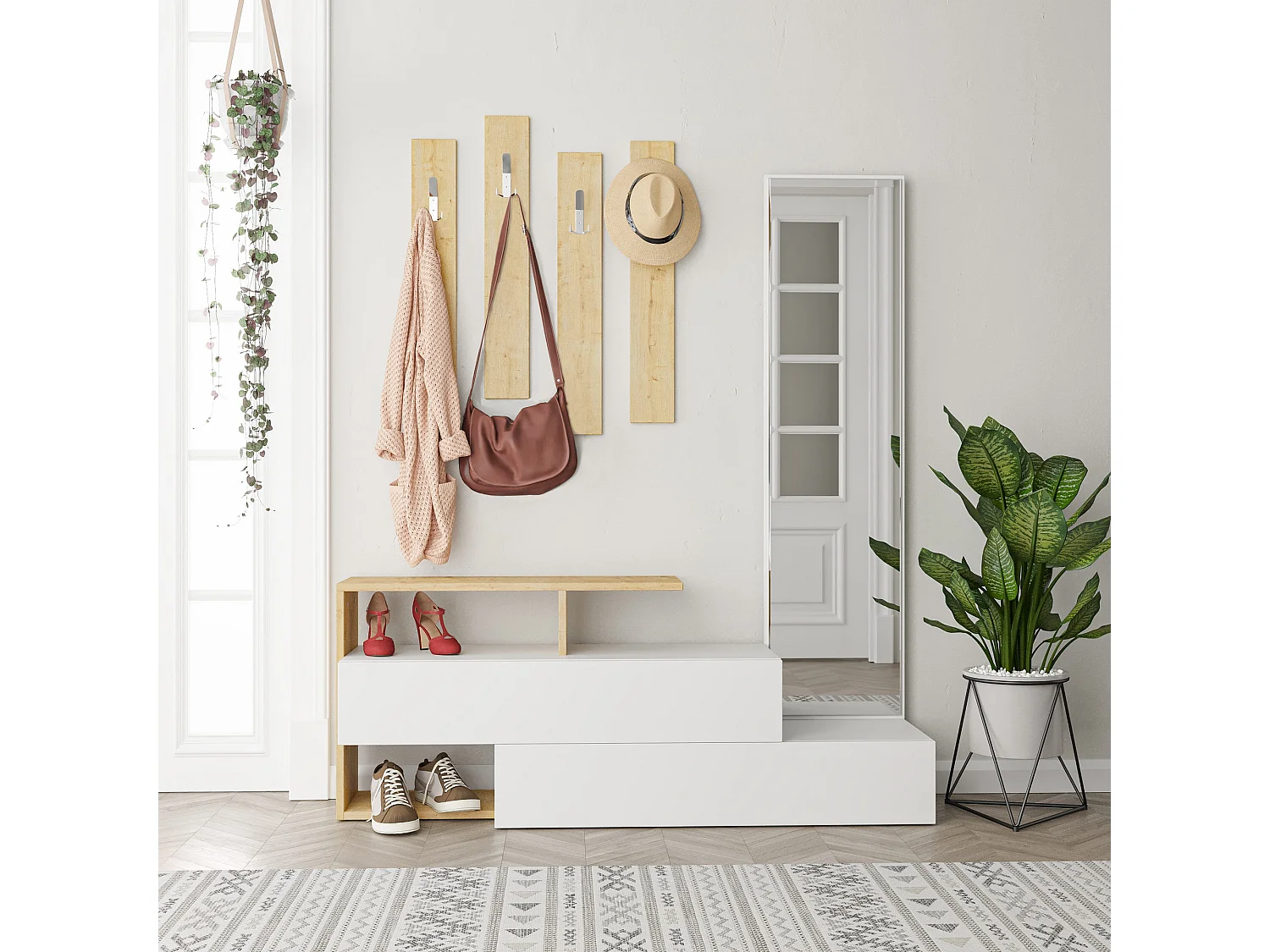 Mebel Wejściowy z Drewna „Ramda” z Lustrem – Beżowy – 137 x 35 x 154 cm – Wieszaki na Płaszcze i Lustro zintegrowane 4887759
