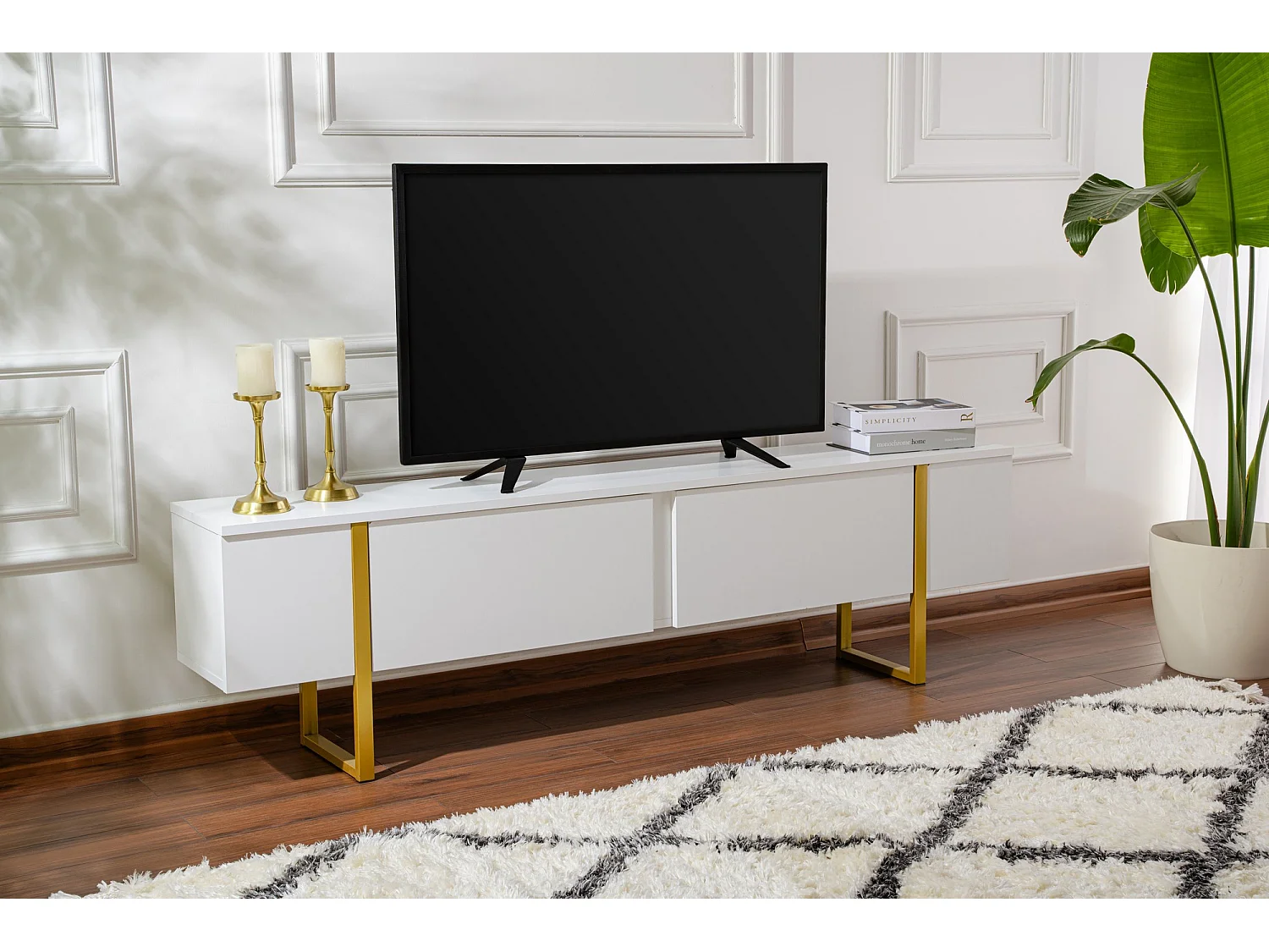 „Serenity” Drewniana szafka pod telewizor – Biała – 180 x 29 x 50 cm – 2 drzwi 4887760