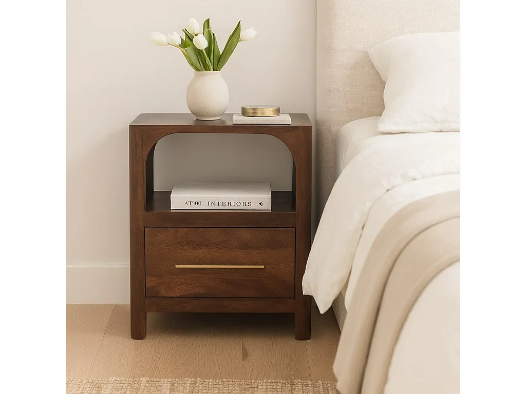 Artisan Furniture Szafka nocna Arc-Line z litego drewna mango, 1 szuflada, 1 otwarta półka, ciepły odcień brązu 4888036 - obrazek 1