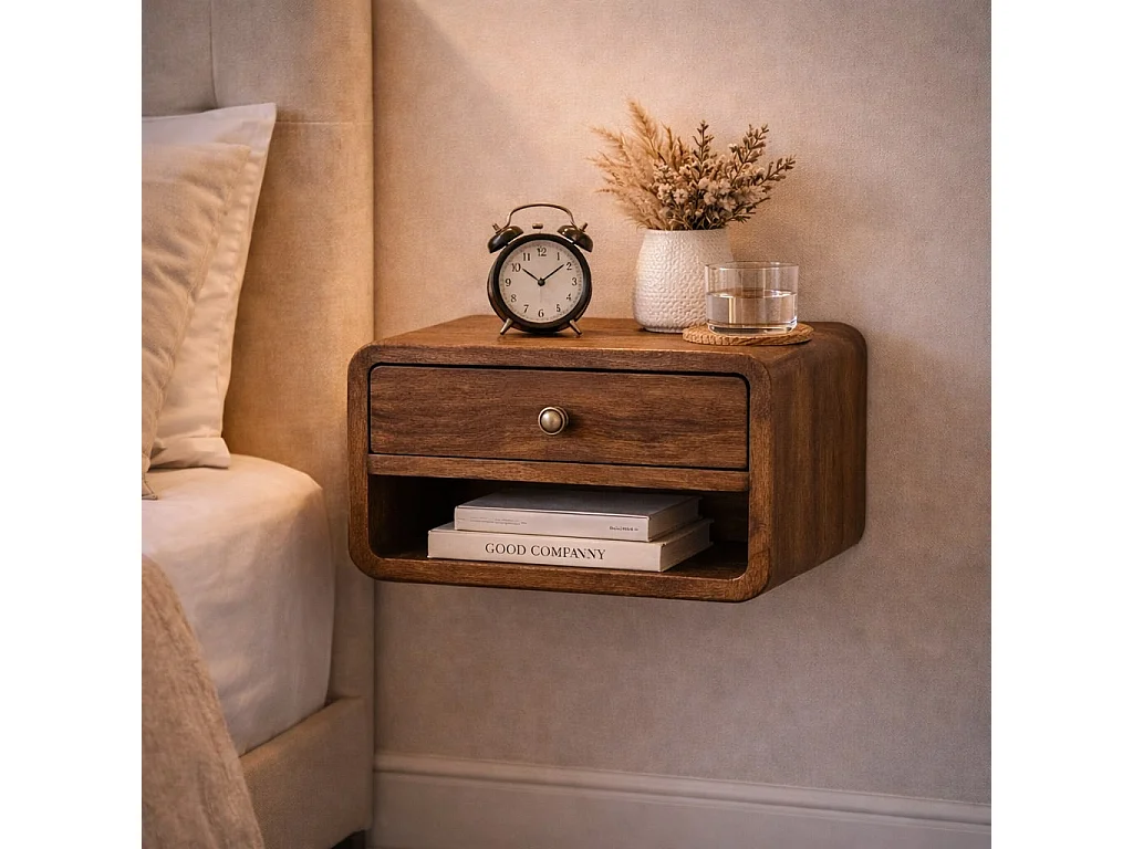 Artisan Furniture Łóżko z zaokrąglonymi krawędziami z litego drewna mango, 1 szuflada, 1 otwarta półka, ciemny brąz 4888038 - obrazek 1