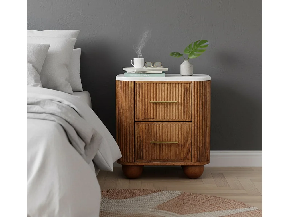Artisan Furniture Szafka nocna Unurorun z litego drewna z marmurowym blatem, 2 szuflady, biała i brązowa 4888039 - obrazek 1