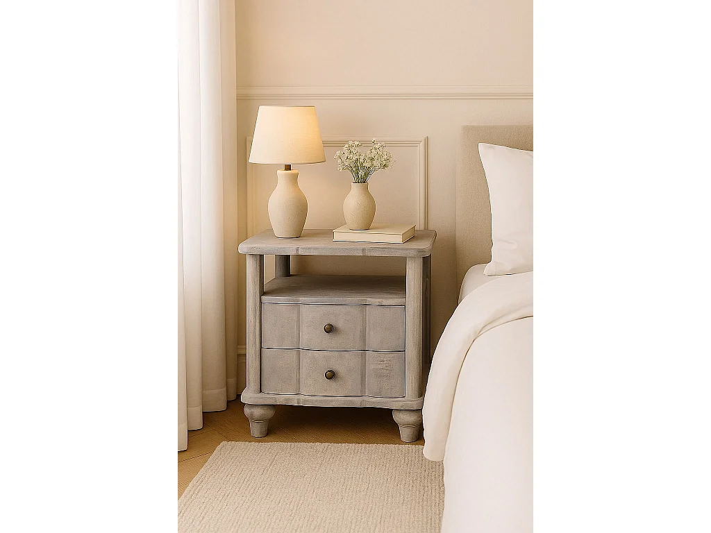 Artisan Furniture Szafka nocna Luciun z litego drewna, 2 szuflady, 1 otwarta półka, szara i brązowa 4888040
