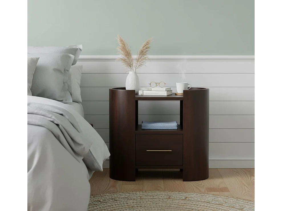 Artisan Furniture Szafka nocna Vunlenciun z litego drewna, 1 szuflada, 1 otwarta półka, ciemnobrązowa 4888042