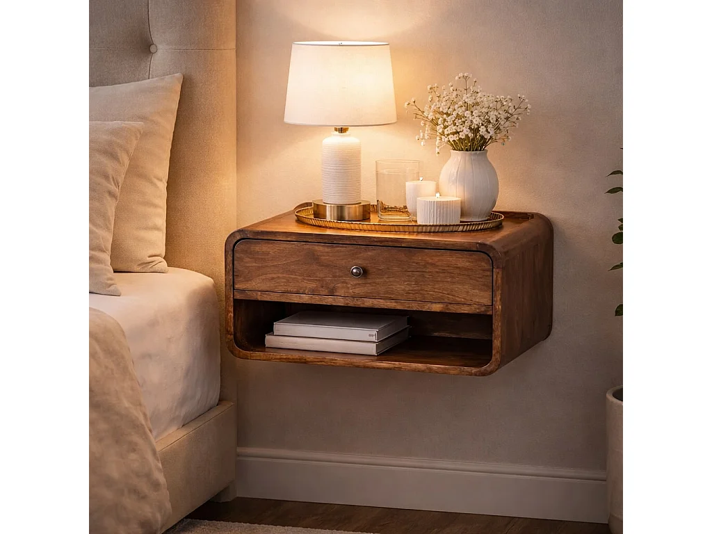 Artisan Furniture Szafka nocna z zaokrąglonymi krawędziami z litego drewna mango, 1 szuflada, 1 otwarta półka, ciepły brąz 4888048