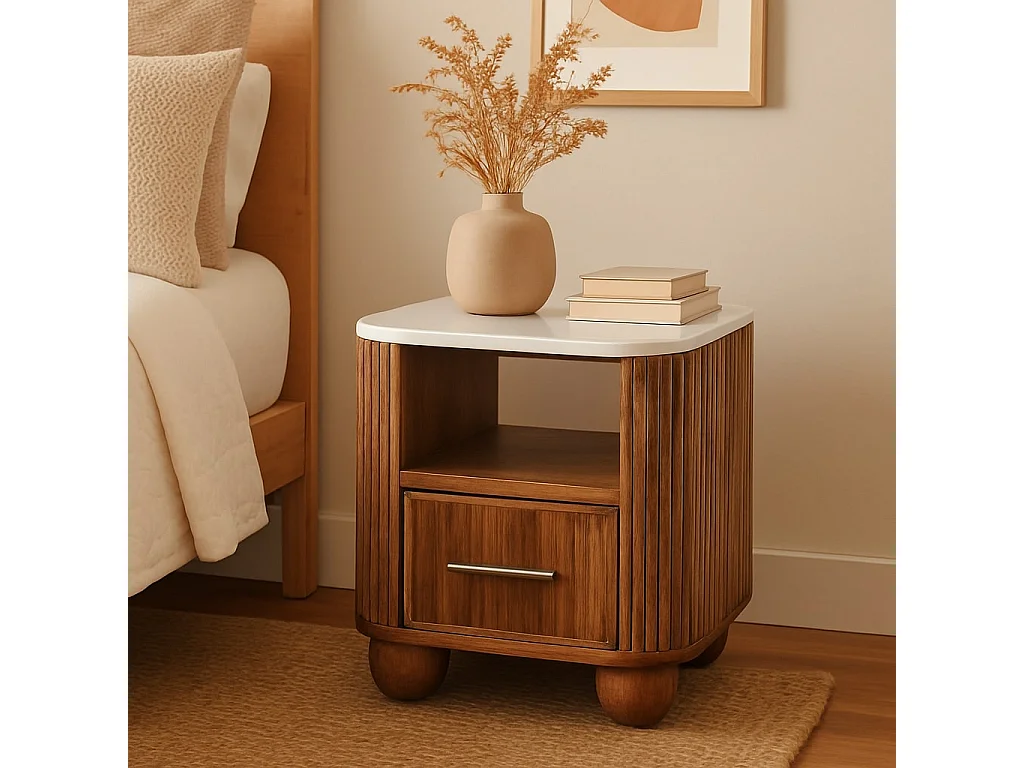 Artisan Furniture Szafka nocna Beaumont z litego drewna mango z marmurowym blatem, 1 szuflada, 1 otwarta półka, brązowo-biała 4888051