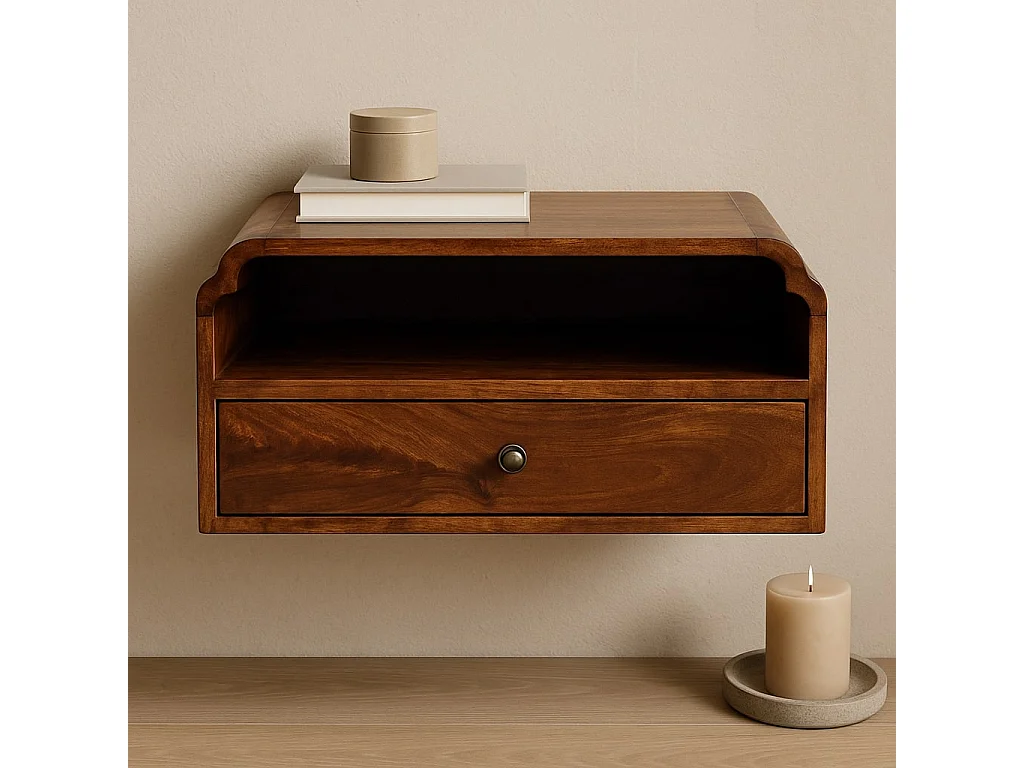 Artisan Furniture Szafka nocna ścienna Unvorun z litego drewna mango, wykończenie kasztanowe, 1 szuflada, 1 otwarta wnęka, brązowa 4888054