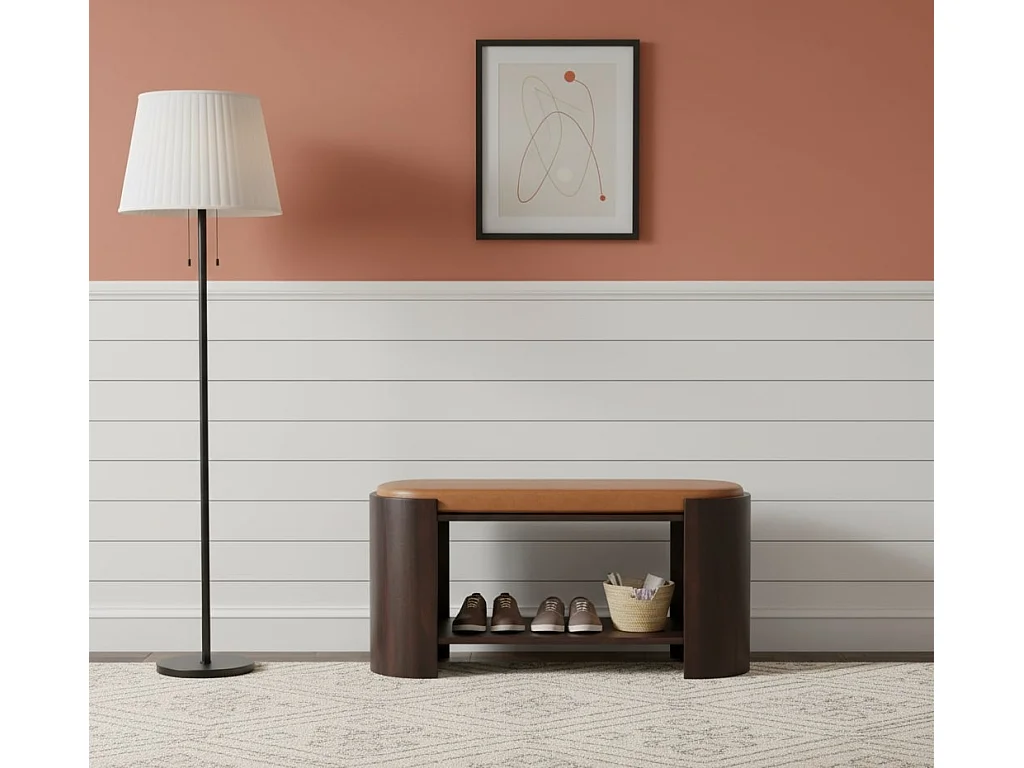 Artisan Furniture Ławka na buty Valencia ze skóry, lite drewno, czekoladowy brąz, gładkie siedzisko z prawdziwej skóry, ręcznie tapicerowane, 1 półka 4888072 - obrazek 1