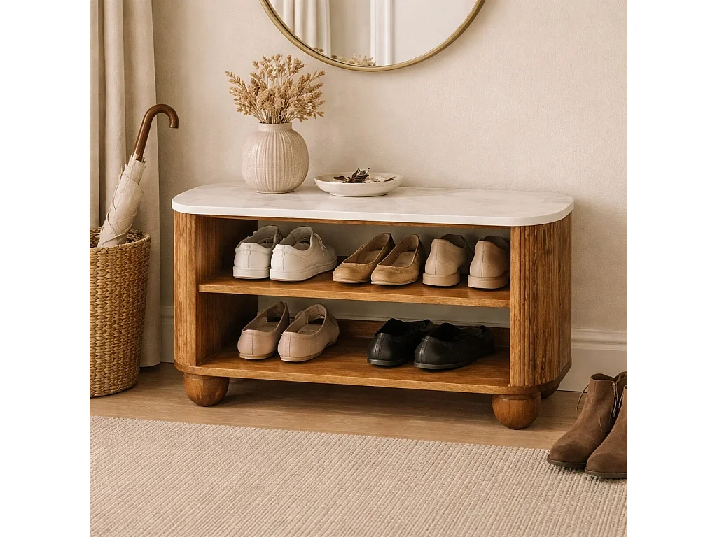 Artisan Furniture Ławka na buty Beunumont z litego drewna mango, blat marmurowy, dwie otwarte półki, brązowa. 4888074