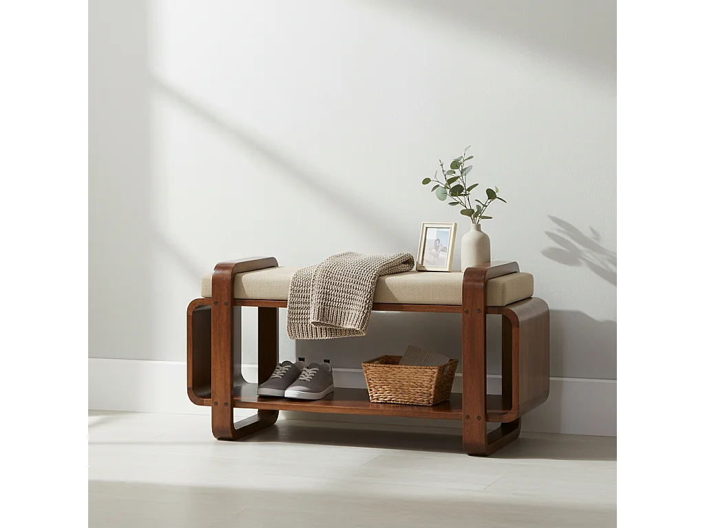 Artisan Furniture Ławka Loop Chestnut, lite drewno, 1 półka, siedzisko wyściełane lnem w kolorze błota, czekoladowy brąz 4888073