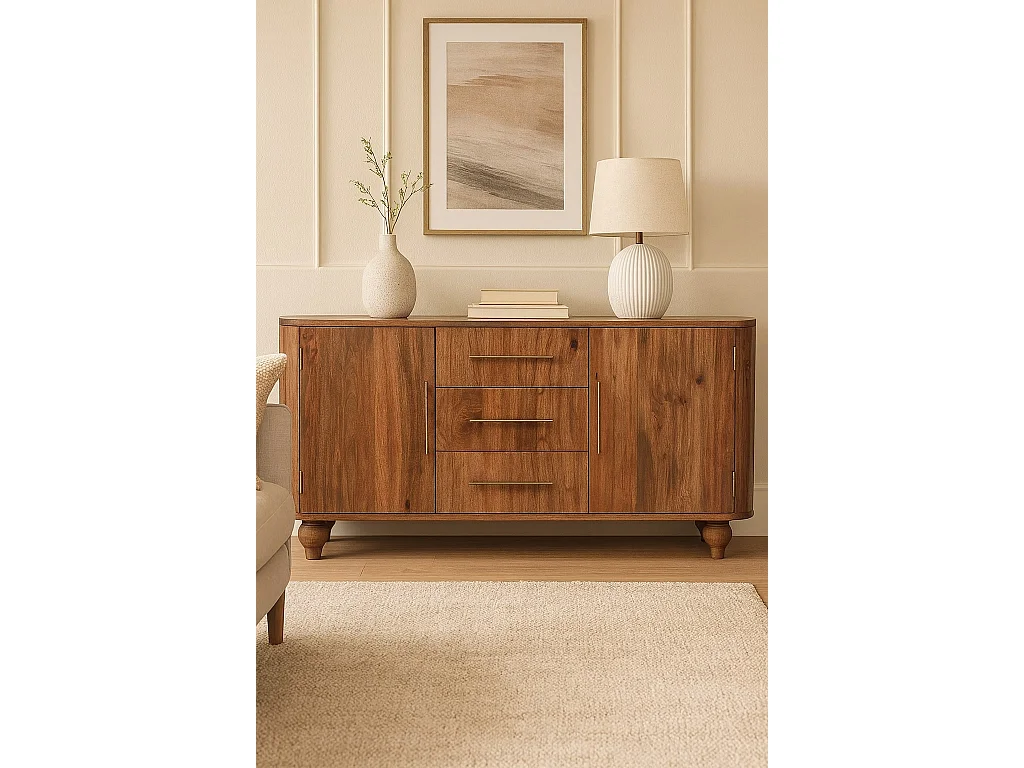 Artisan Furniture Kredens Montara, lite drewno, ciepły brąz, 3 szuflady, 2 drzwi i 4 półki 4888083