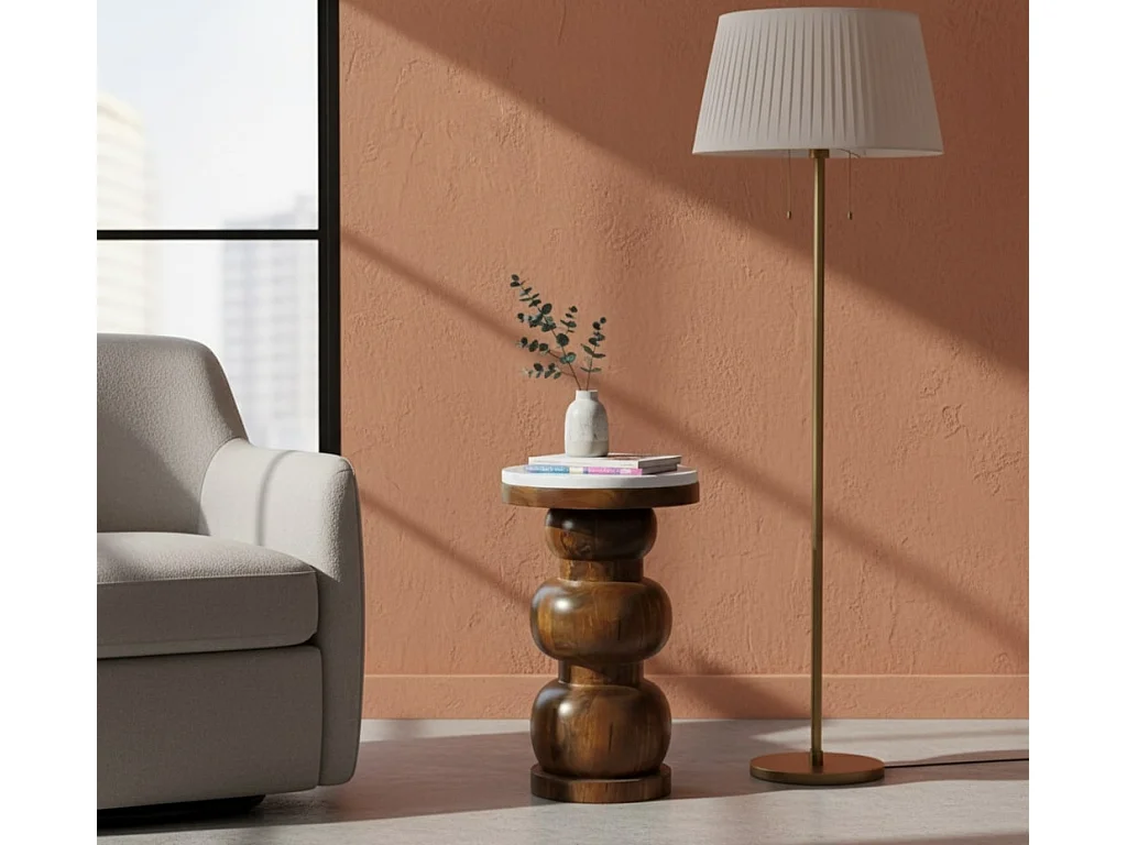 Artisan Furniture Stolik pomocniczy Bulun z litego drewna z marmurowym blatem, biały i brązowy 4888081