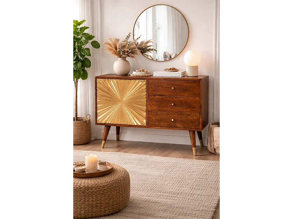 Artisan Furniture Kredens Munnilun Gold, lite drewno, czekoladowo-brązowy i złoty, 3 szuflady i 1 szafka 4888087