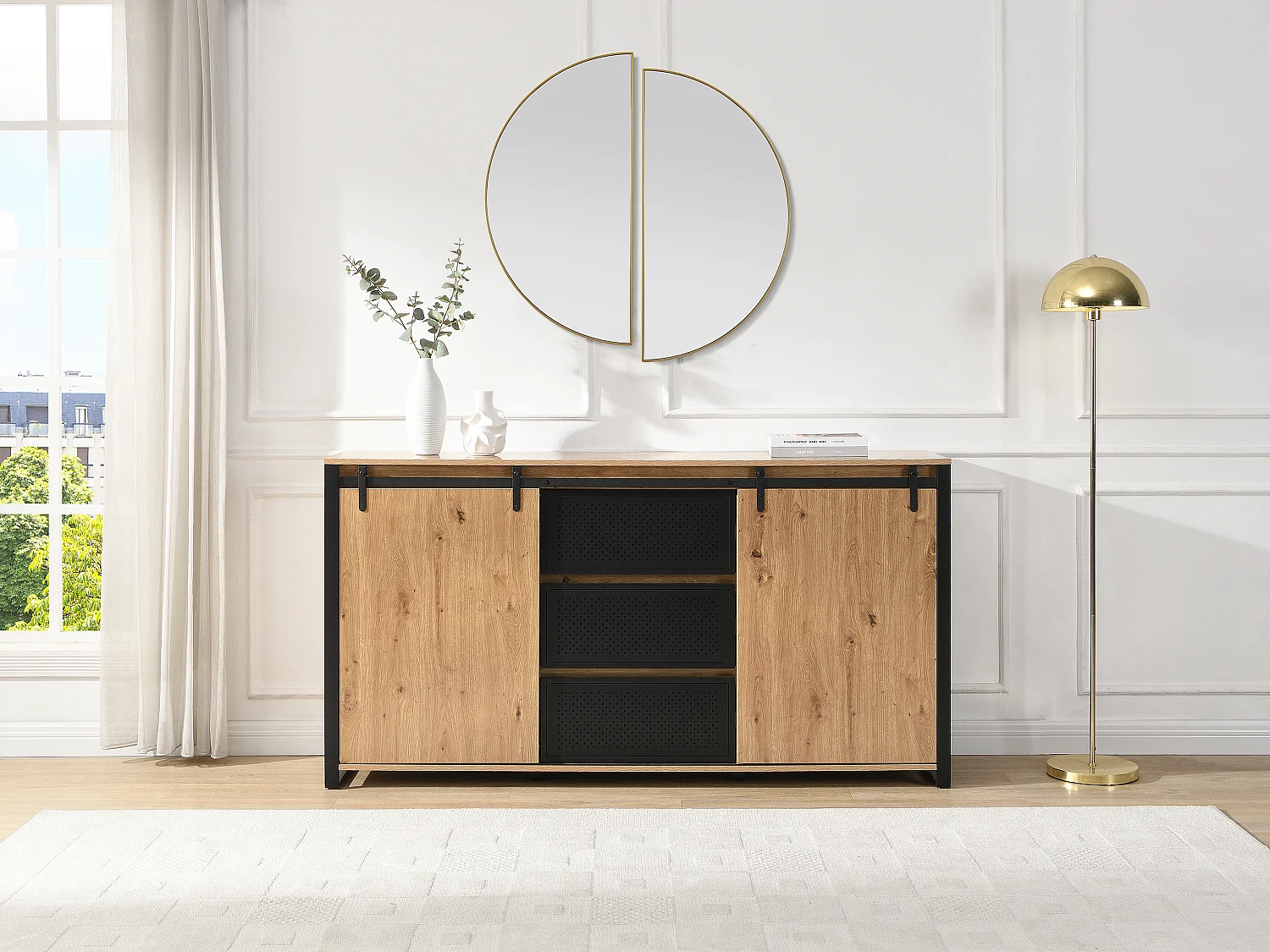 Kredens z 2 przesuwnymi drzwiami i 3 szufladami z MDF i czarnego metalu - Naturalny - BELINARO 4637783 - obrazek 1