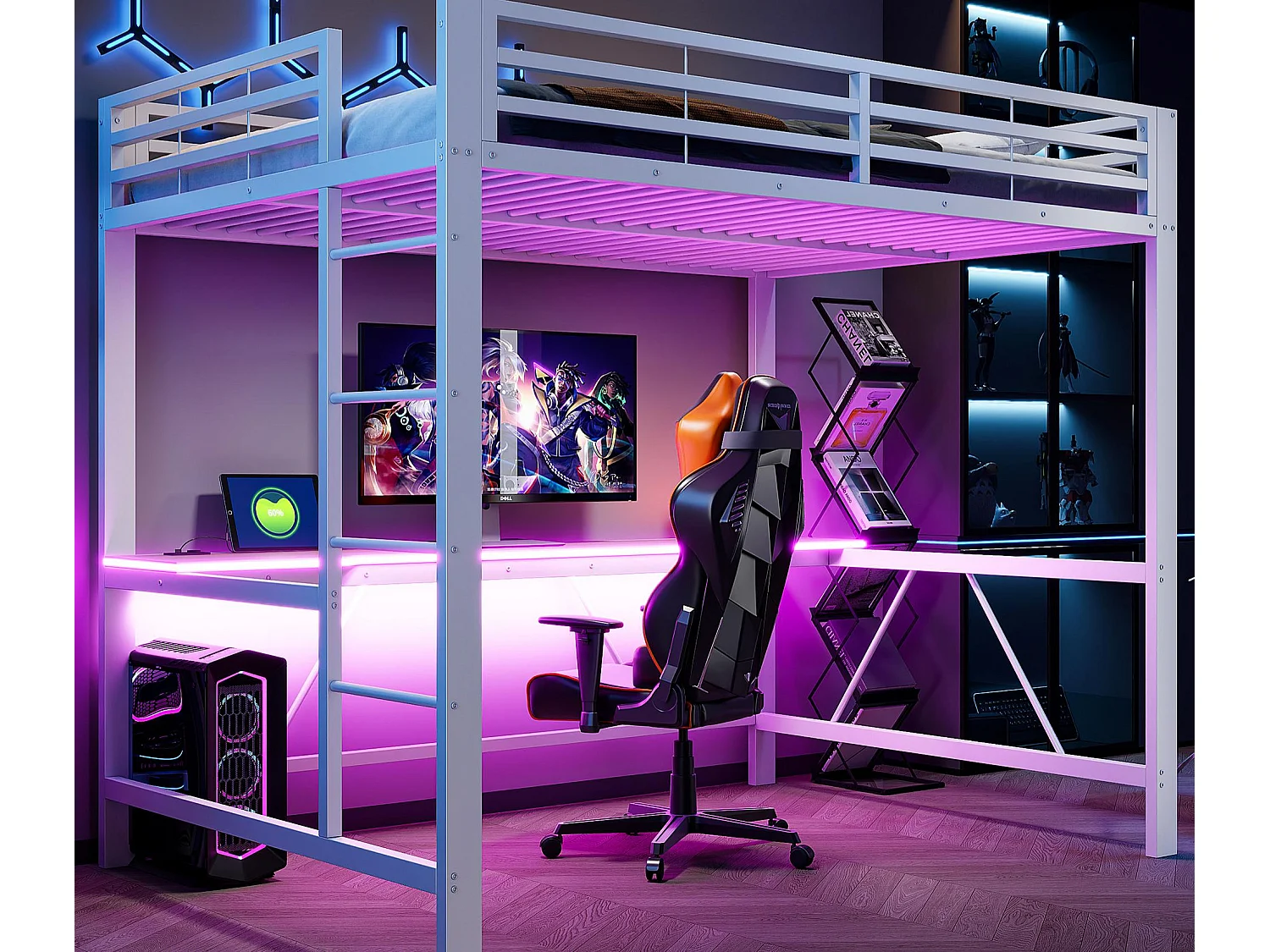 Łóżko na antresoli metalowe 140x200cm - z biurkiem - z oświetleniem LED i portem ładowania USB - Biały​ (bez materaca) 4889677 - obrazek 1