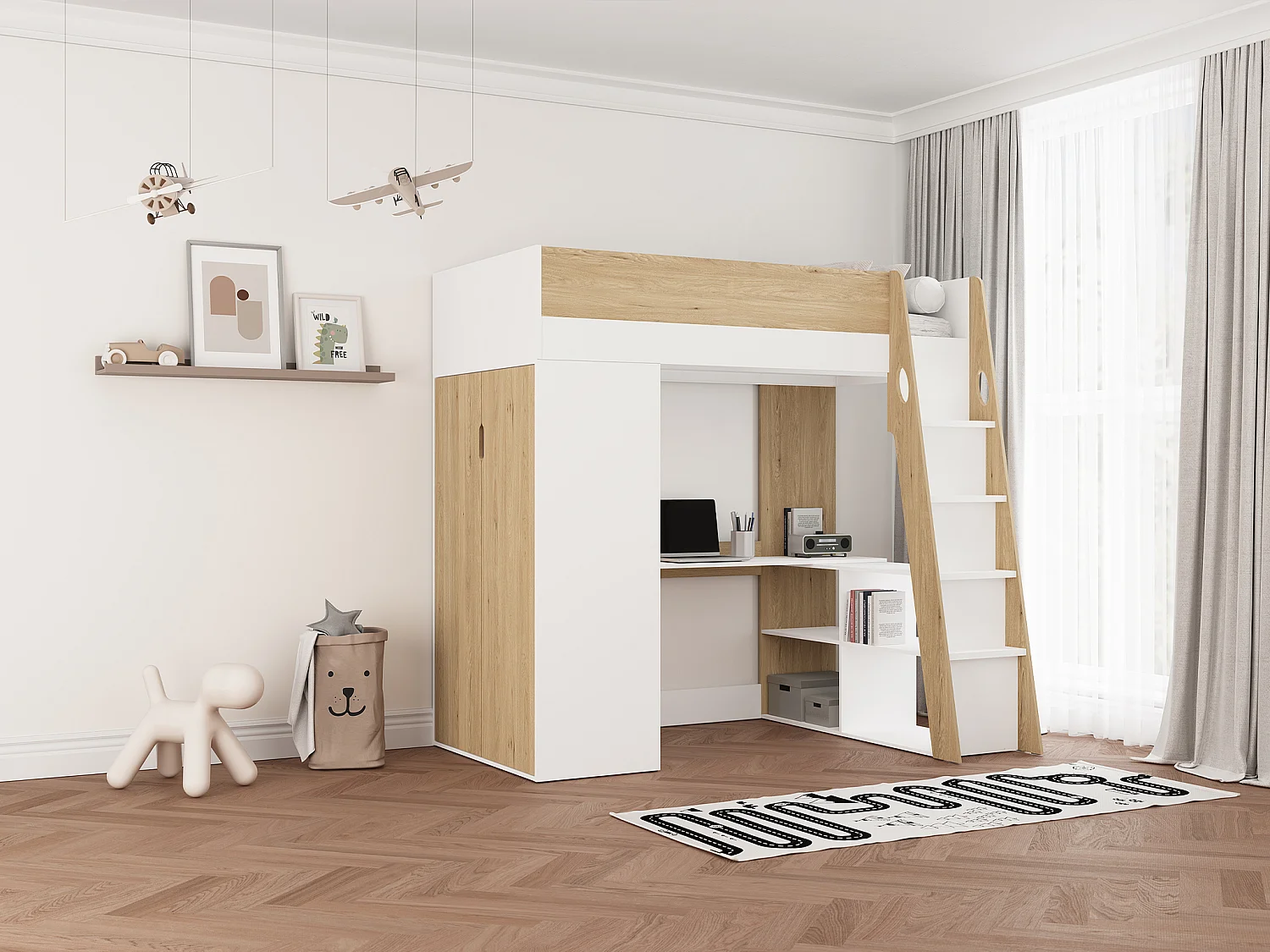 Łóżko antresola 90 x 190 cm z szafą i biurkiem – Kolor: Naturalny i biały + Materac – ARMONESA 4898386