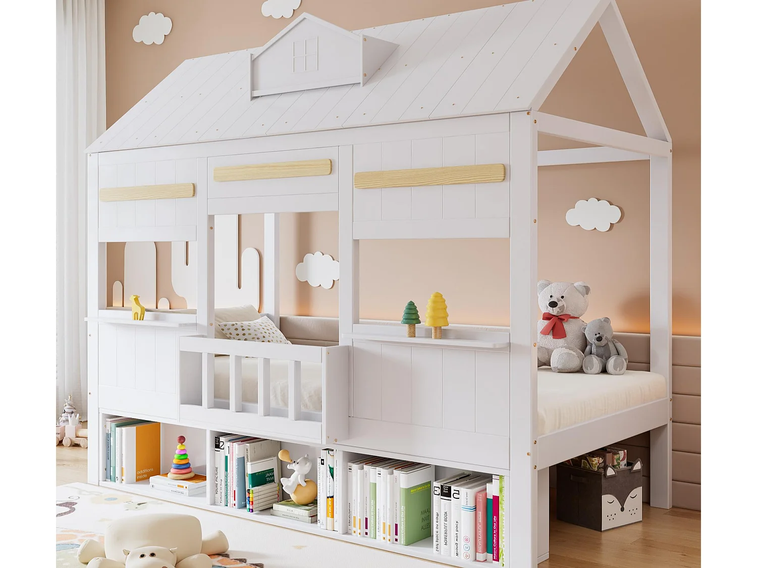 Łóżko dziecięce 90x200 cm - design domu - z biblioteczką - Drewno lite + MDF + sklejka - biały​ (bez materaca) 4900681 - obrazek 1