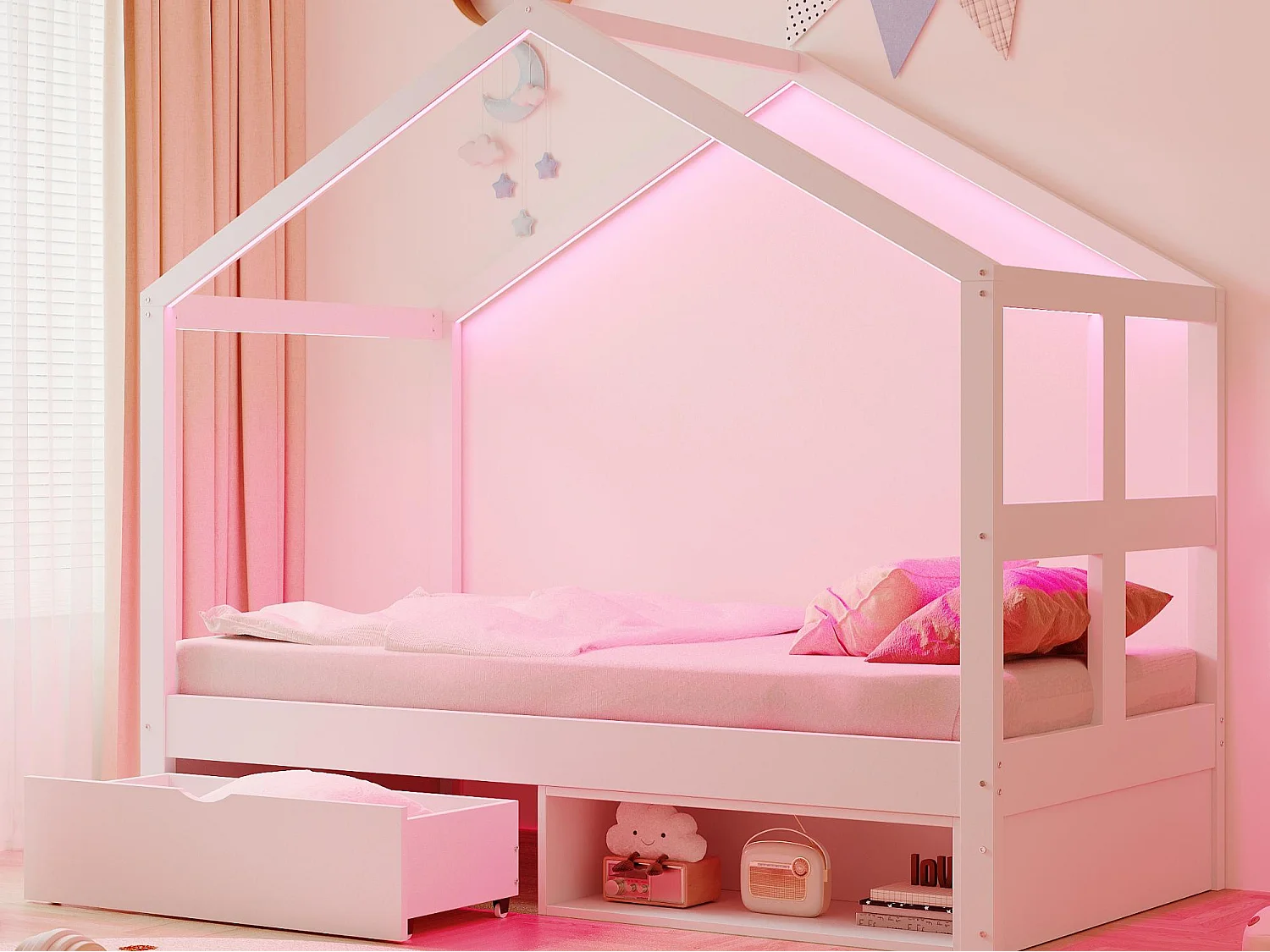 Łóżko domek dziecięcy 90x190 cm - z 1 szufladą - z oświetleniem LED - stelaż lamelowy - biały​ (materac nie jest wliczony w cenę) 4900697 - obrazek 1