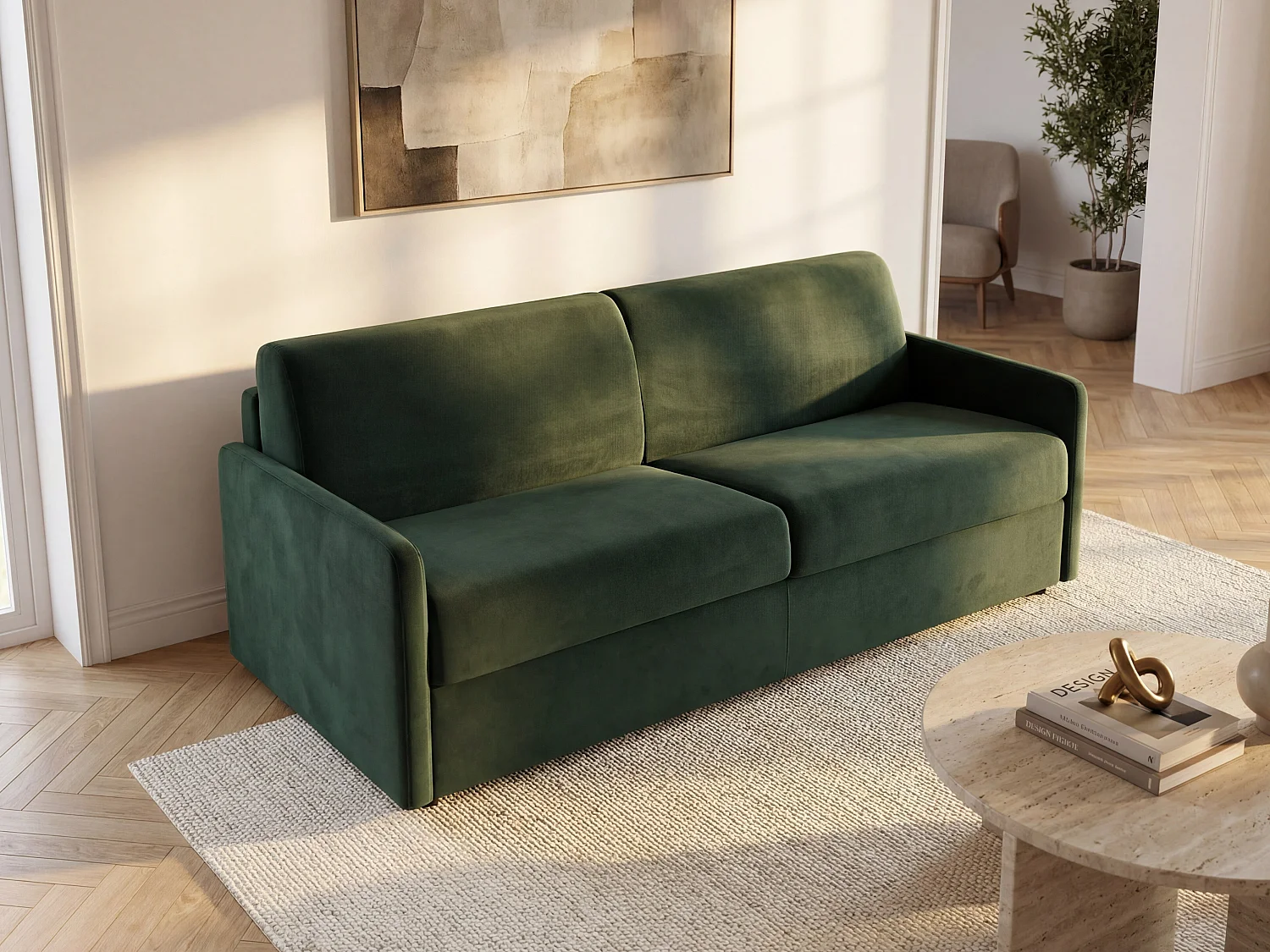 Kanapa 4-osobowa rozkładana z weluru CALIFE – Kolor zielony – Łóżko 160 cm – Materac 14 cm 106151