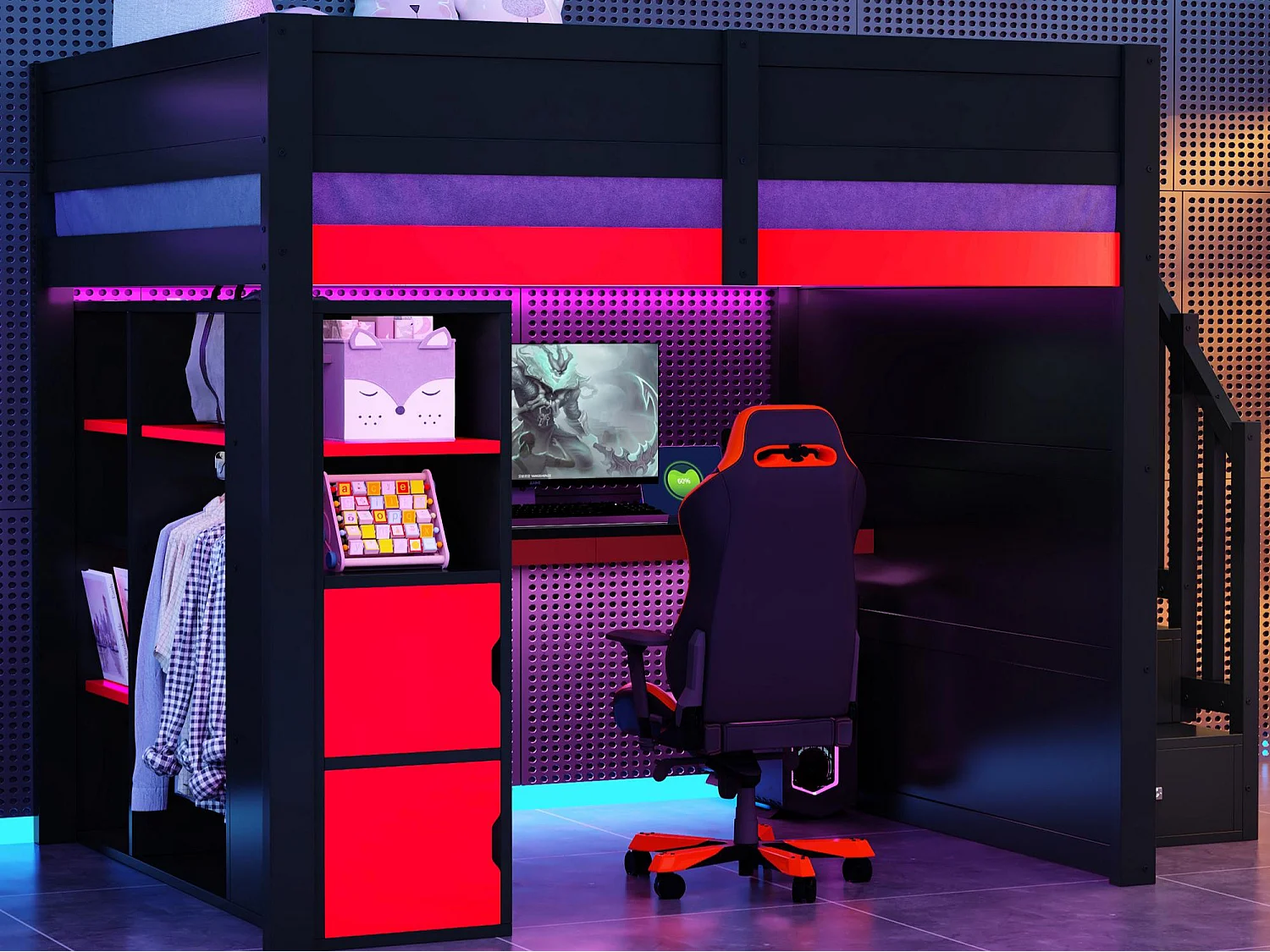 Łóżko na antresoli drewniane 140x200cm z LED i portem USB - Biurko i szafa - Drabina z pojemnikami - Czarny + Czerwony​ (bez materaca) 4853551 - obrazek 1