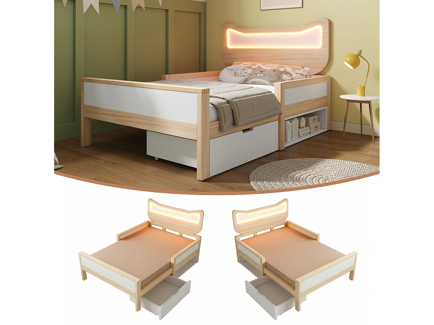Łóżko dziecięce 90 x 200 cm z zagłówkiem + oświetlenie LED + szuflada modułowa + barierki zabezpieczające - drewno - kolor naturalny + biały 4901794 - obrazek 1