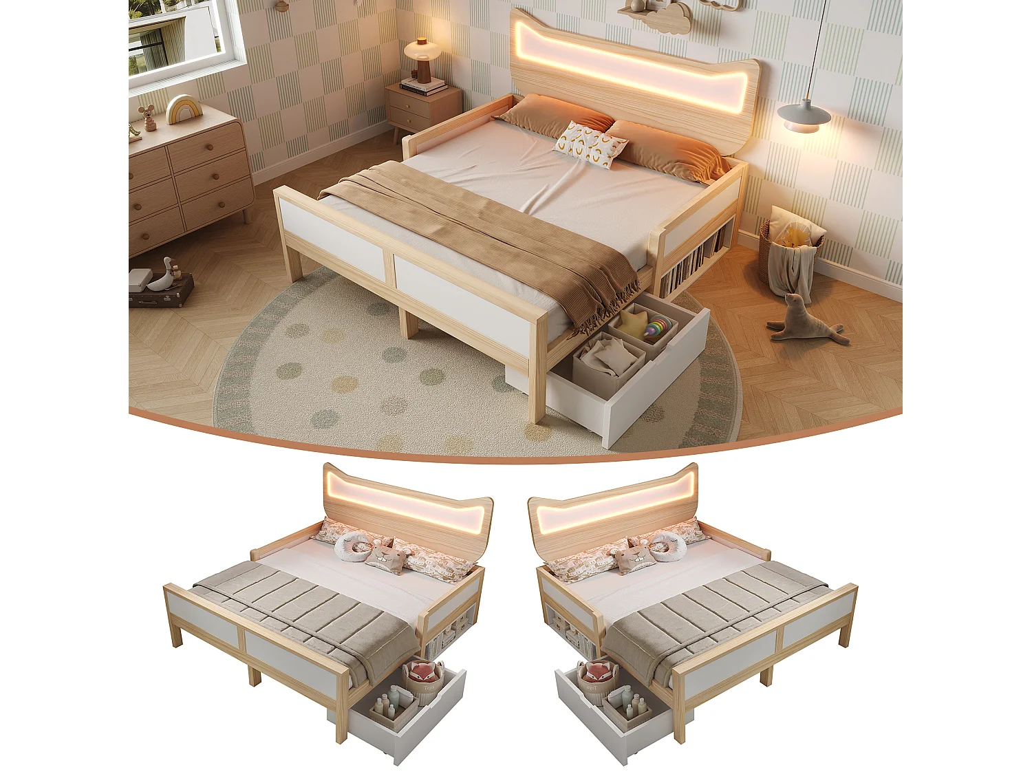 Łóżko dziecięce - 140 x 200 cm - z zagłówkiem + oświetlenie LED + szuflada modułowa + barierki zabezpieczające - drewno - kolor naturalny + biały 4901798 - obrazek 1