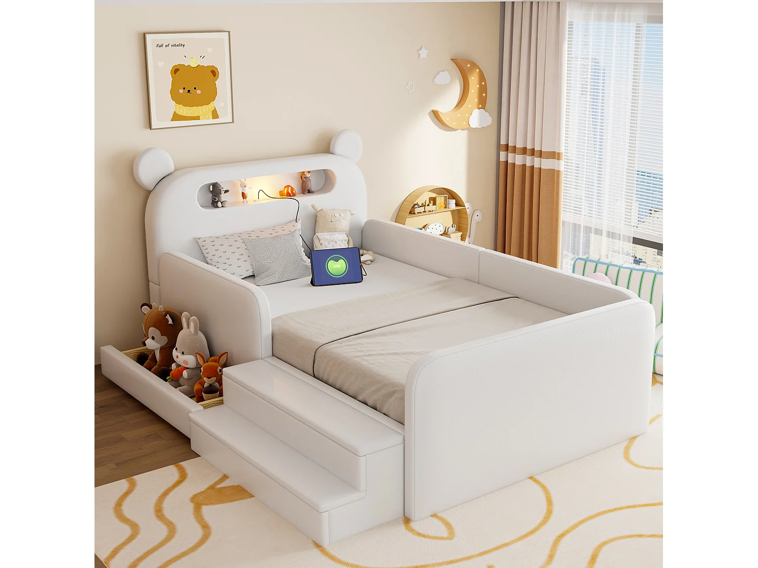 Łóżko dziecięce tapicerowane - 90 x 200 cm - z zagłówkiem + lampką nocną + portem USB + szufladą + podnóżkiem - eko skóra - białe 4901795 - obrazek 1