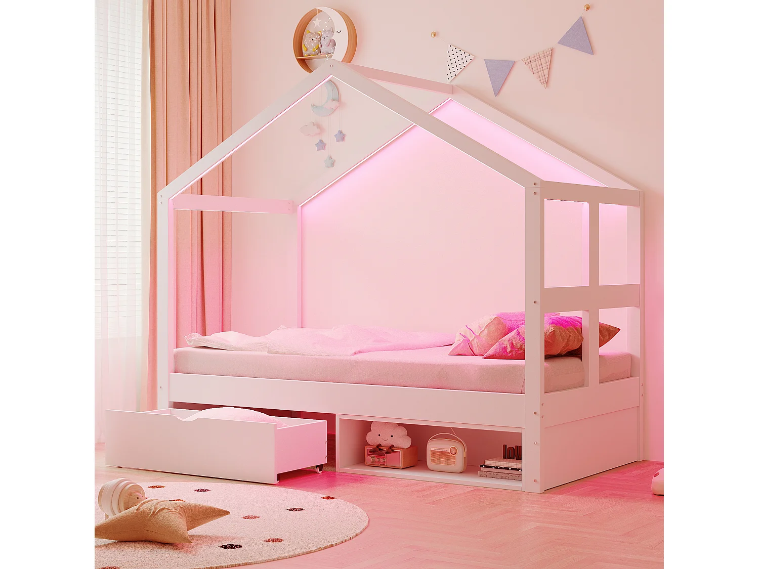 Łóżko drewniane dla dzieci - 90 x 190 cm - z szufladami + mała szafka na buty + diody LED - w kształcie domku - białe 4901800 - obrazek 1
