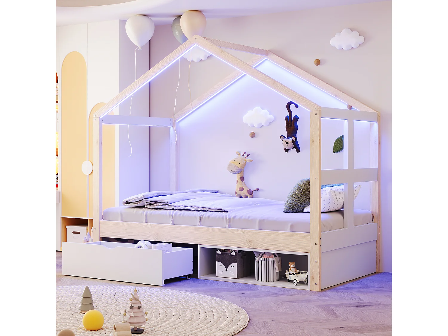 Łóżko drewniane dla dzieci - 90 x 190 cm - z szufladami + mała szafka na buty + diody LED - w kształcie domku - naturalne 4901807 - obrazek 1
