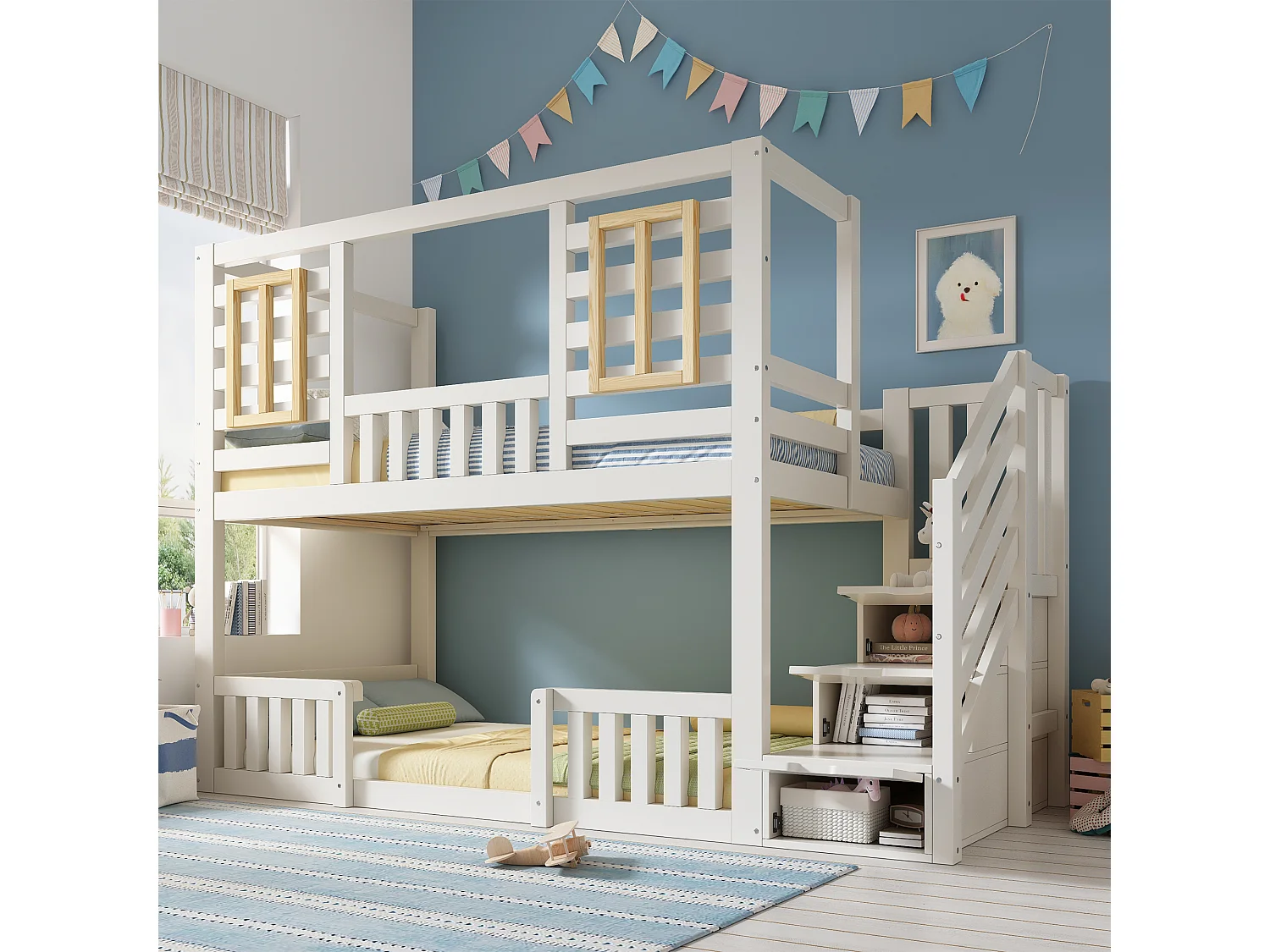 Łóżko piętrowe dla dzieci - 2 x 90 x 200 cm - styl kabiny z oknami - ze schodami do przechowywania - drewno - białe 4901822 - obrazek 1