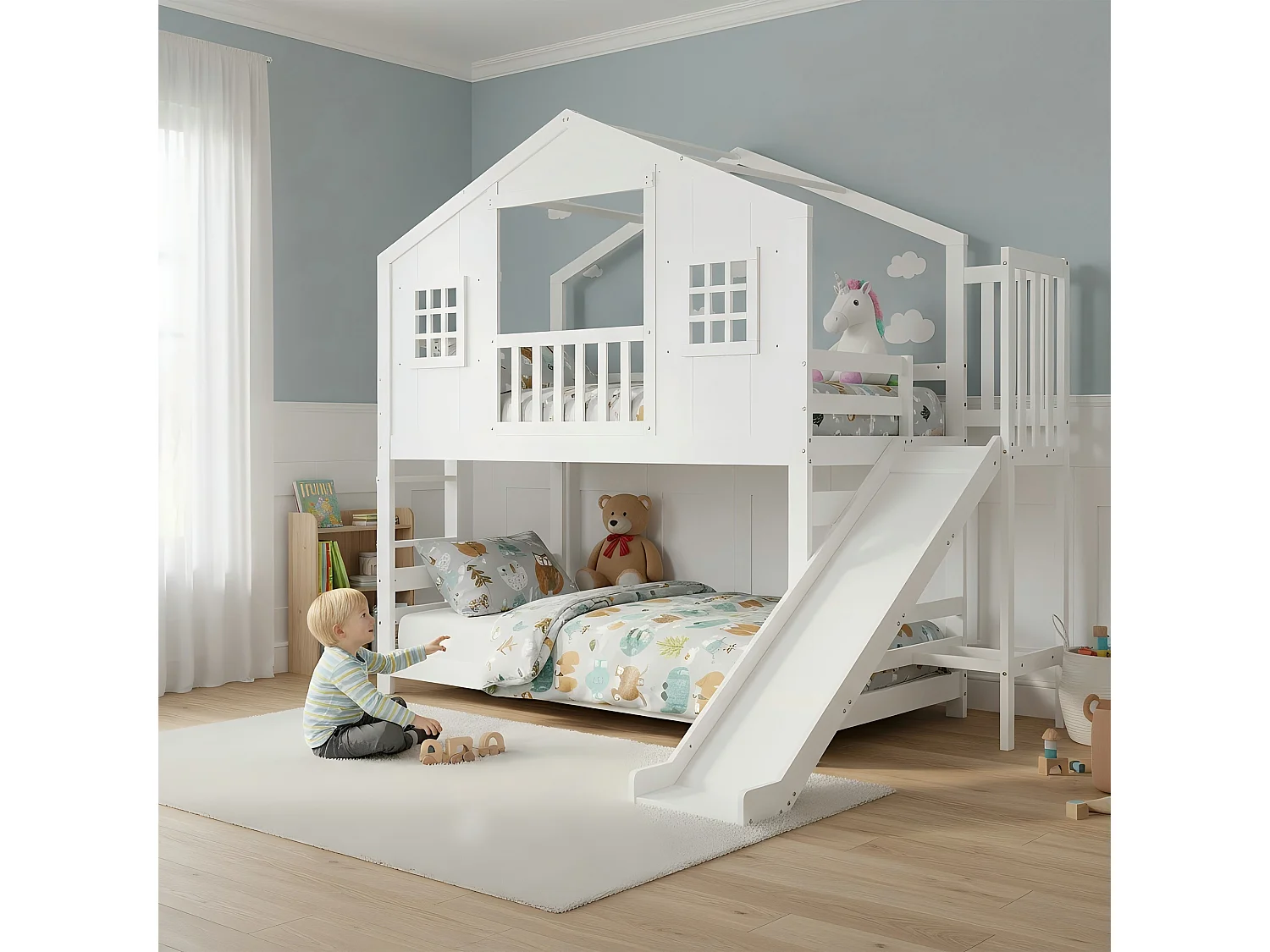 Łóżko piętrowe dla dzieci - 2 x 90 x 200 cm - ze zjeżdżalnią, oknem i dachem oraz stelażem z listew - sosna i płyta MDF - białe 4901825 - obrazek 1