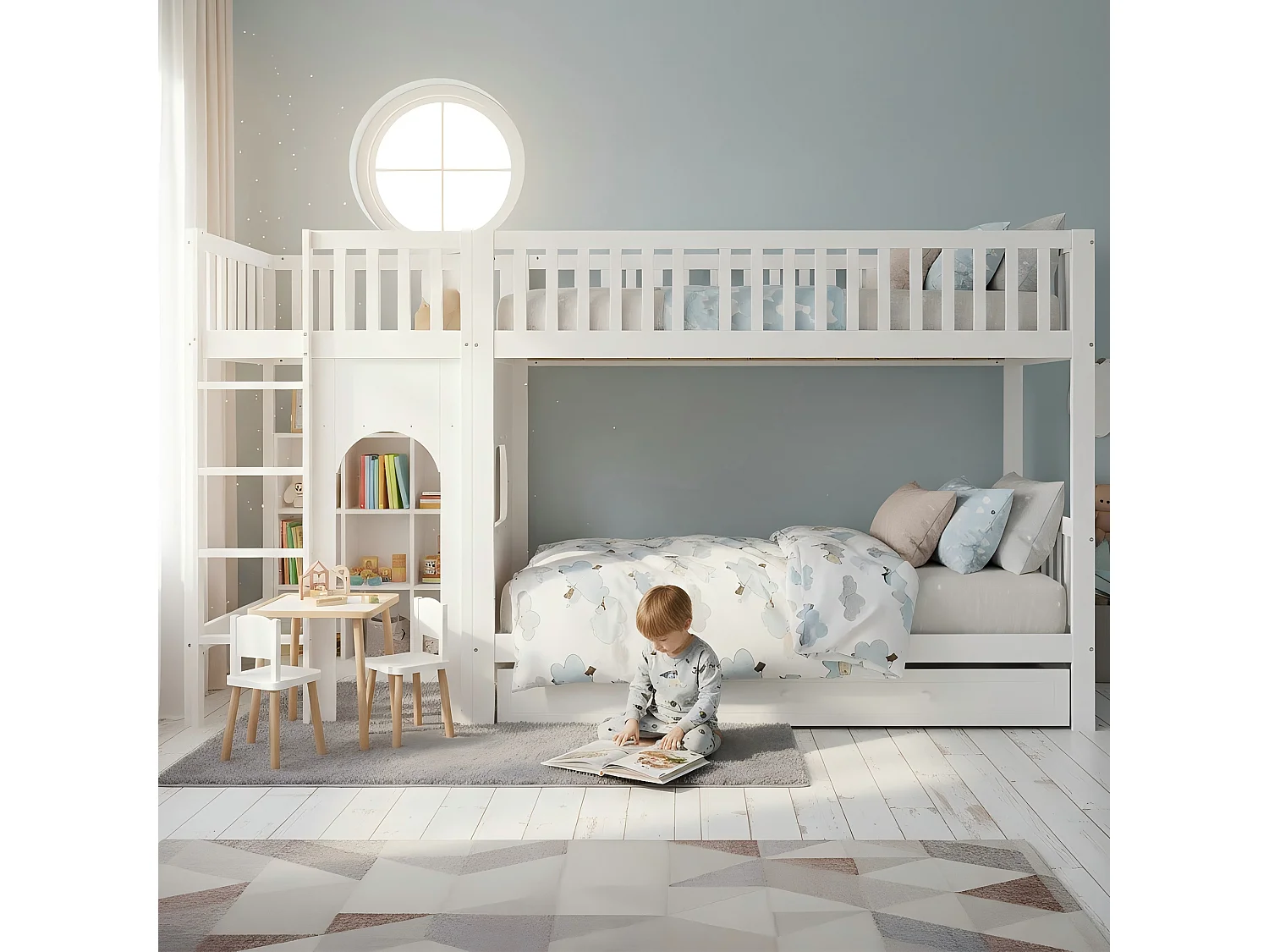 Łóżko piętrowe dla dzieci - 2 x 90 x 200 cm - z barierkami zabezpieczającymi + szuflady - sosna + płyta MDF - białe 4901826 - obrazek 1
