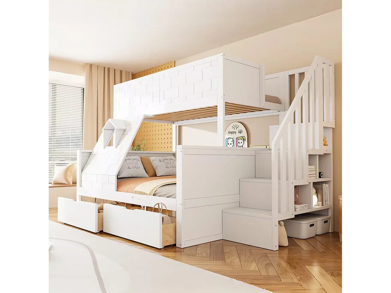 Łóżko piętrowe dla dzieci – 90 x 200 cm + 140 x 200 cm – z drabinką + szufladami + okienkiem – drewno – białe 4901829