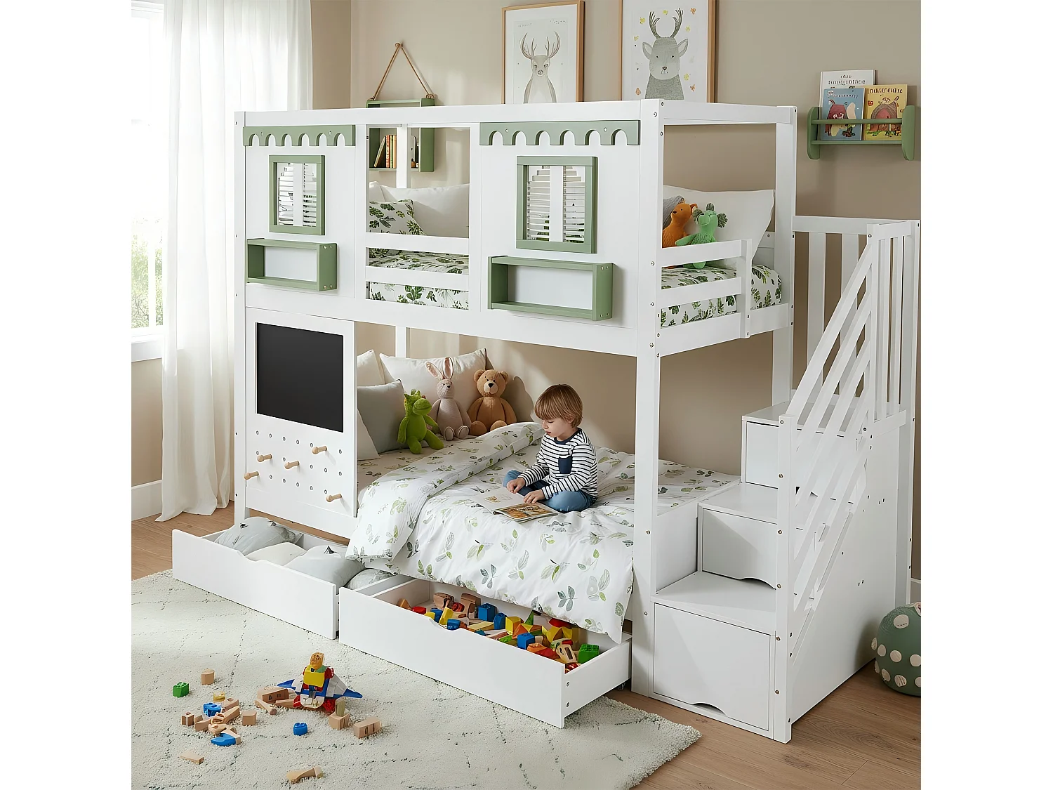 Łóżko piętrowe dla dzieci - 2 x 90 x 200 cm - z 2 szufladami + drabinką - sosna + MDF - biało-zielone 4901828 - obrazek 1