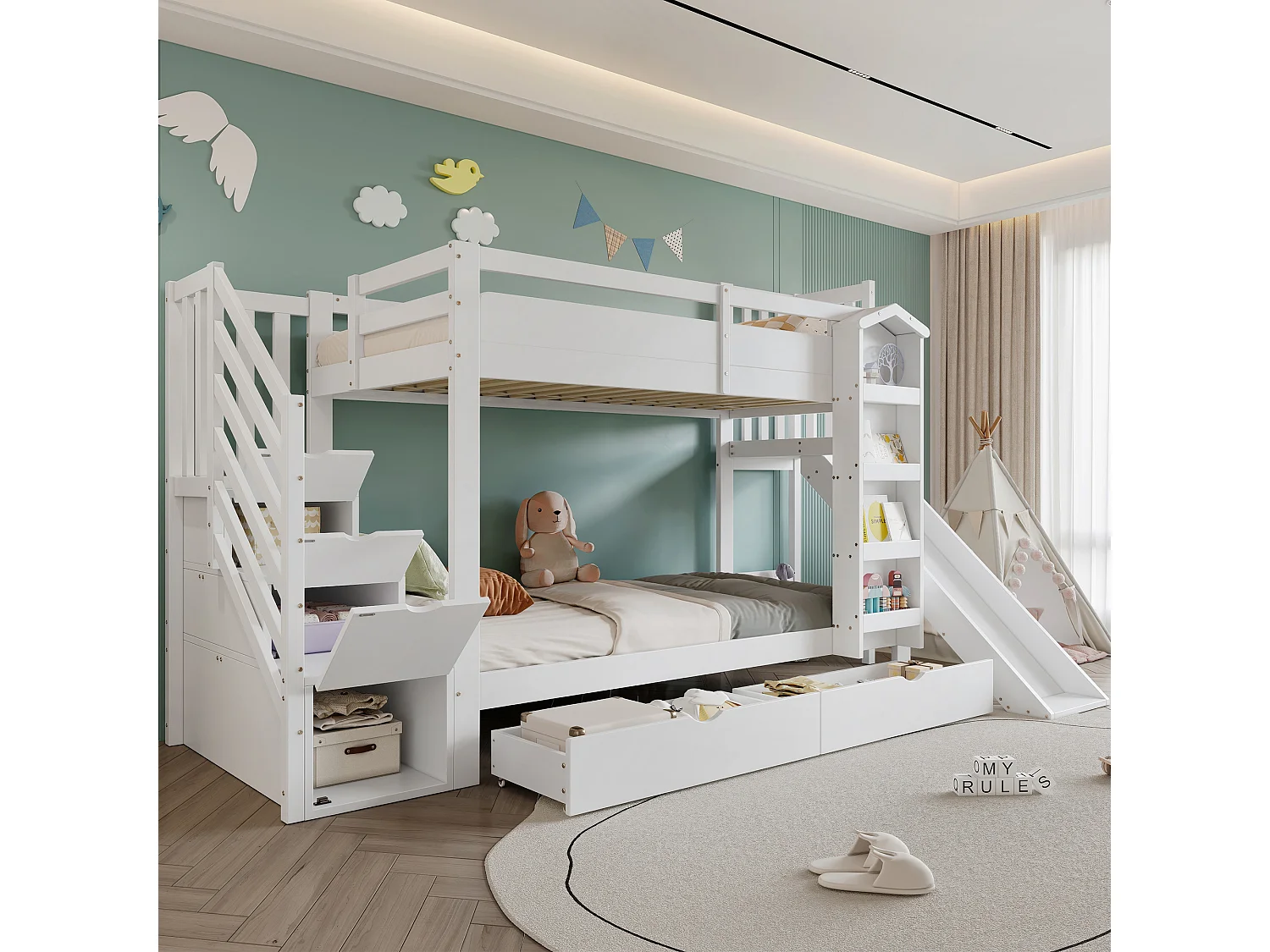 Łóżko piętrowe dla dzieci - 2 x 90 x 200 cm - z półką + 2 szufladami + zjeżdżalnią + drabinką - sosna + płyta MDF - białe 4901830 - obrazek 1
