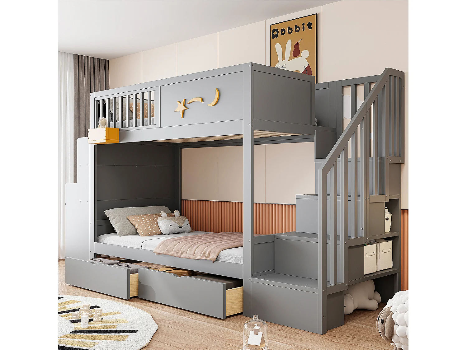 Łóżko piętrowe dla dzieci - 2 x 90 x 200 cm - z szufladami + schodki do przechowywania + biurko - sosna lita - szare 4901833 - obrazek 1
