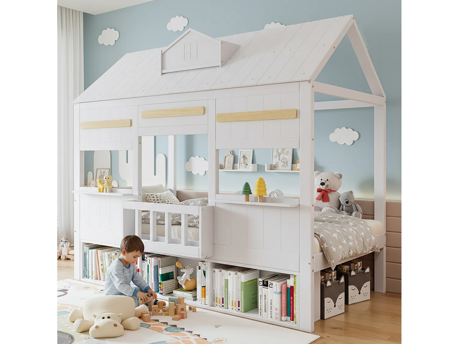 Łóżko piętrowe dla dzieci - 90 x 200 cm - w kształcie domku - z półką i schowkiem - sosna i MDF - białe 4901861 - obrazek 1