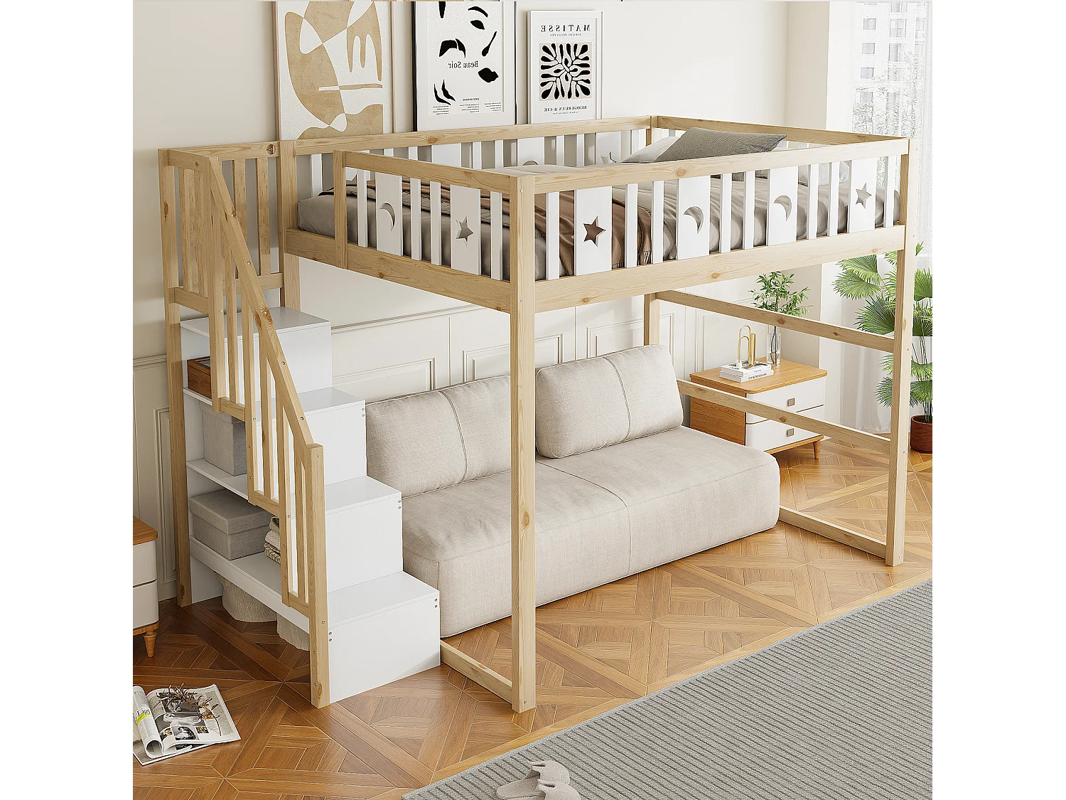 Łóżko piętrowe dla dzieci - 140 x 200 cm - ze schowkiem w klatce schodowej + barierka zabezpieczająca - drewno + MDF - kolor biały + naturalny 4901857 - obrazek 1