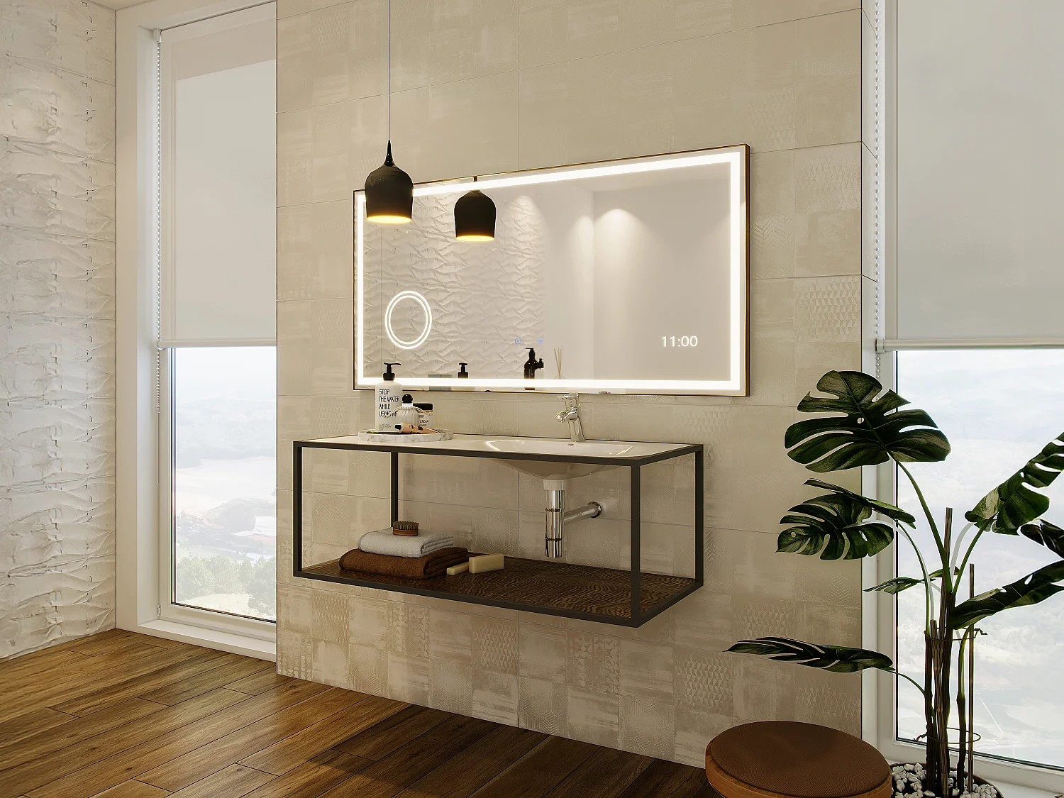 Prostokątne podświetlane lustro łazienkowe z zegarem cyfrowym – Złote – 120 x 60 cm – AITANA 4746225