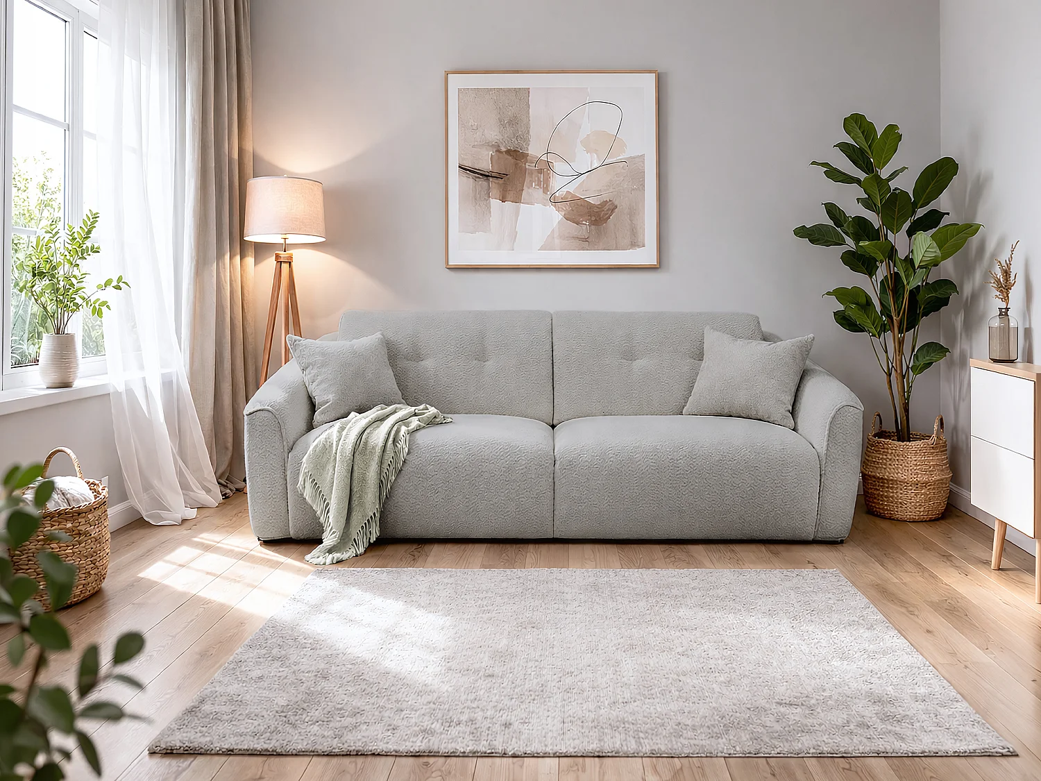Kanapa 3-osobowa typu express z beżowej tkaniny teksturowanej - Powierzchnia spania 140 cm - Materac 16 cm memory foam ASUFA 4765235 - obrazek 1