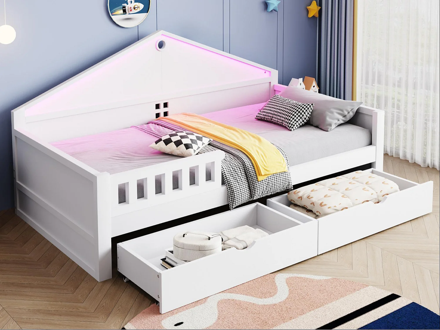 Łóżko dziecięce 90x200 cm - z oświetleniem LED - z 2 szufladami - stelaż lamelowy - biały​ (materac nie jest wliczony w cenę) 4832342 - obrazek 1