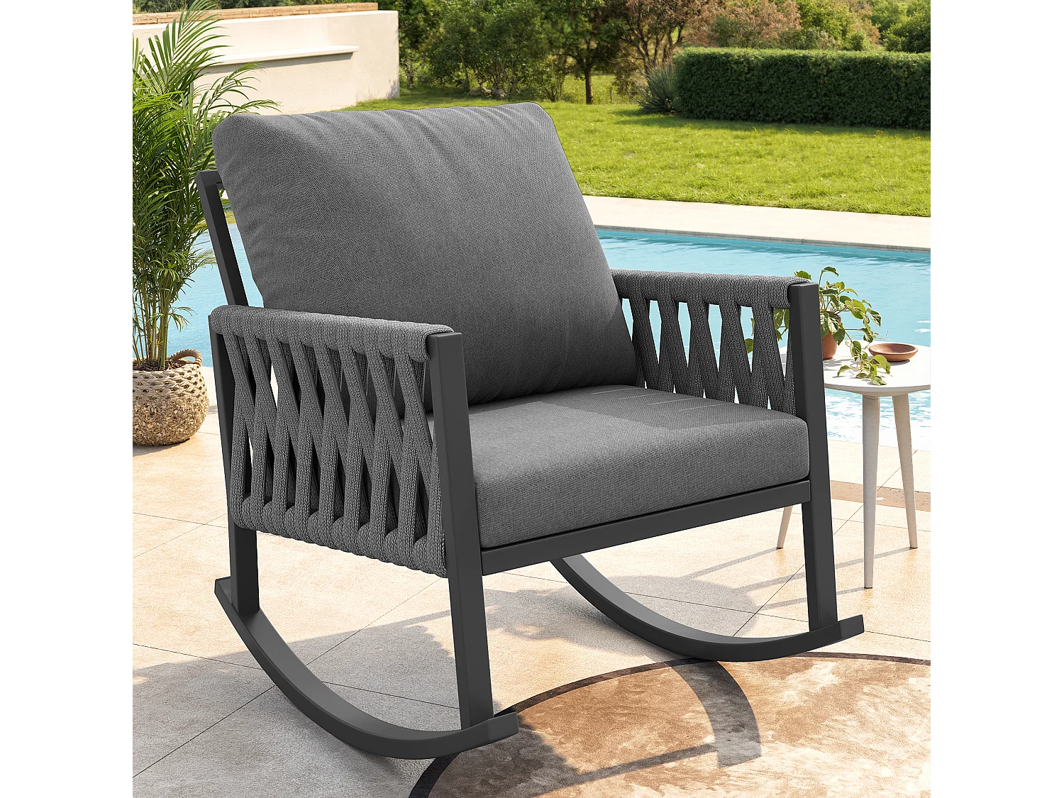 Fotel bujany ogrodowy - 65 x 79 x 78 cm - metalowa rama - z poduszkami - metal - szary 4908679 - obrazek 1
