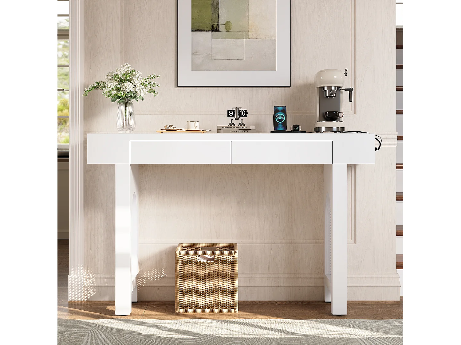 Elegancki stolik konsolowy do przedpokoju - 120 x 35,5 x 76,5 cm - z szufladami + nóżki regulowane - MDF - biały 4908807 - obrazek 1